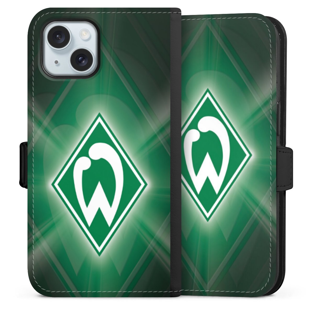 iPhone 15 Handy Klapphülle Handyhülle aus Kunst Leder schwarz Flip Case Sv Werder Bremen Official Licensed Product Coat Of Arms Sideflip mit Lasche