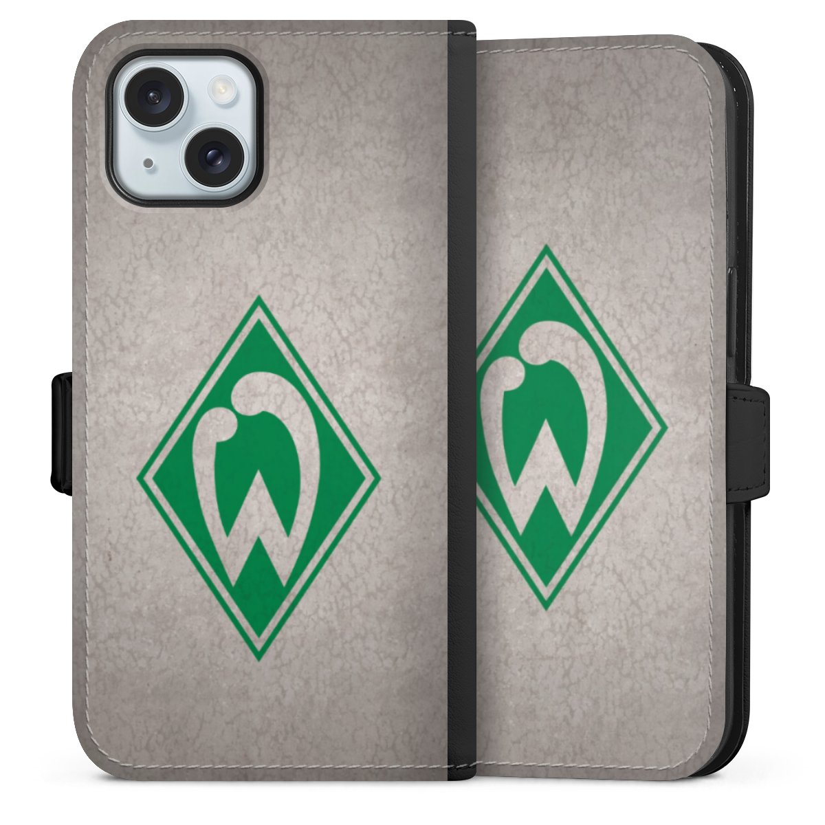 iPhone 15 Handy Klapphülle Handyhülle aus Kunst Leder schwarz Flip Case Sv Werder Bremen Concrete Official Licensed Product Sideflip mit Lasche