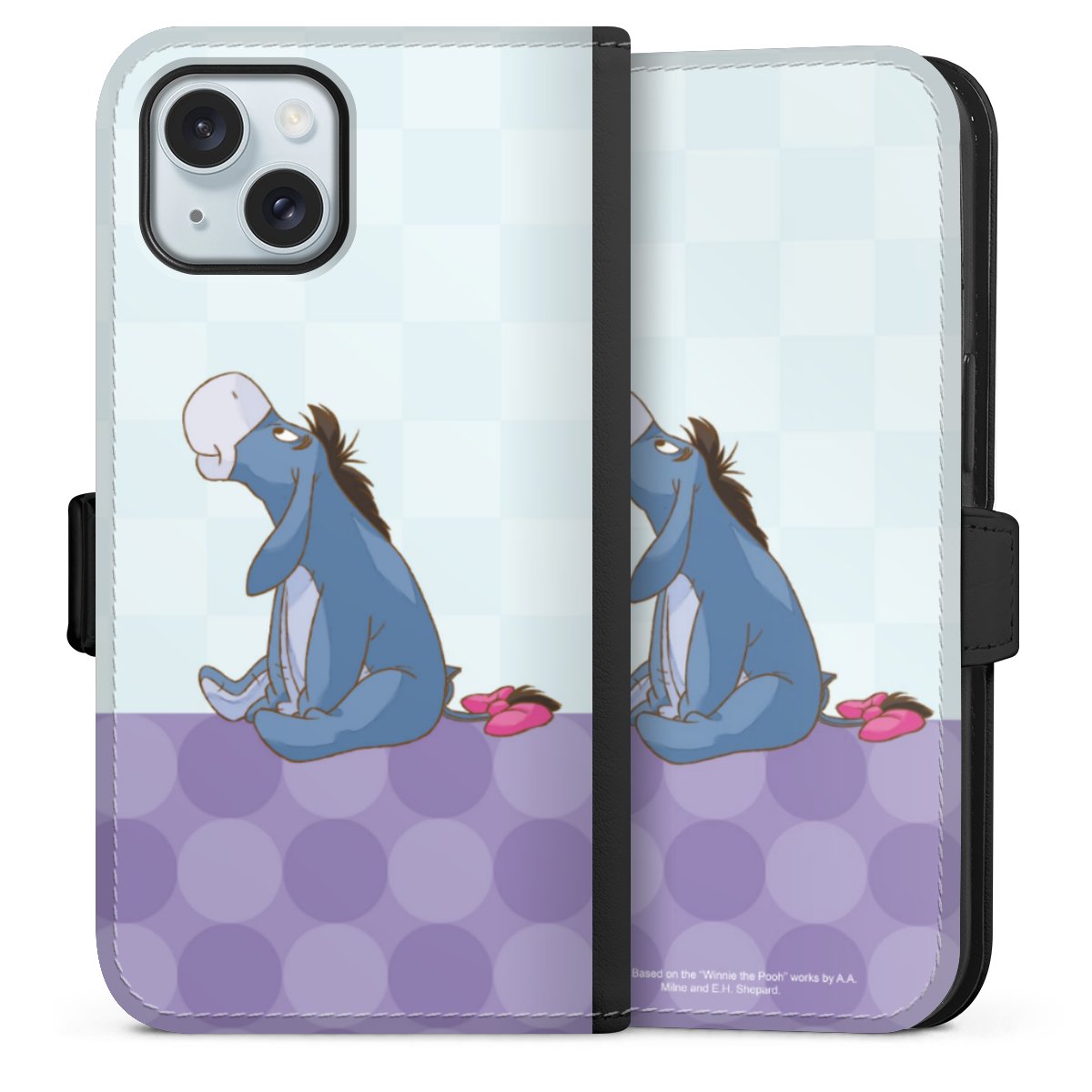 iPhone 15 Handy Klapphülle Handyhülle aus Kunst Leder schwarz Flip Case Disney Donkey Winnie The Pooh Sideflip mit Lasche