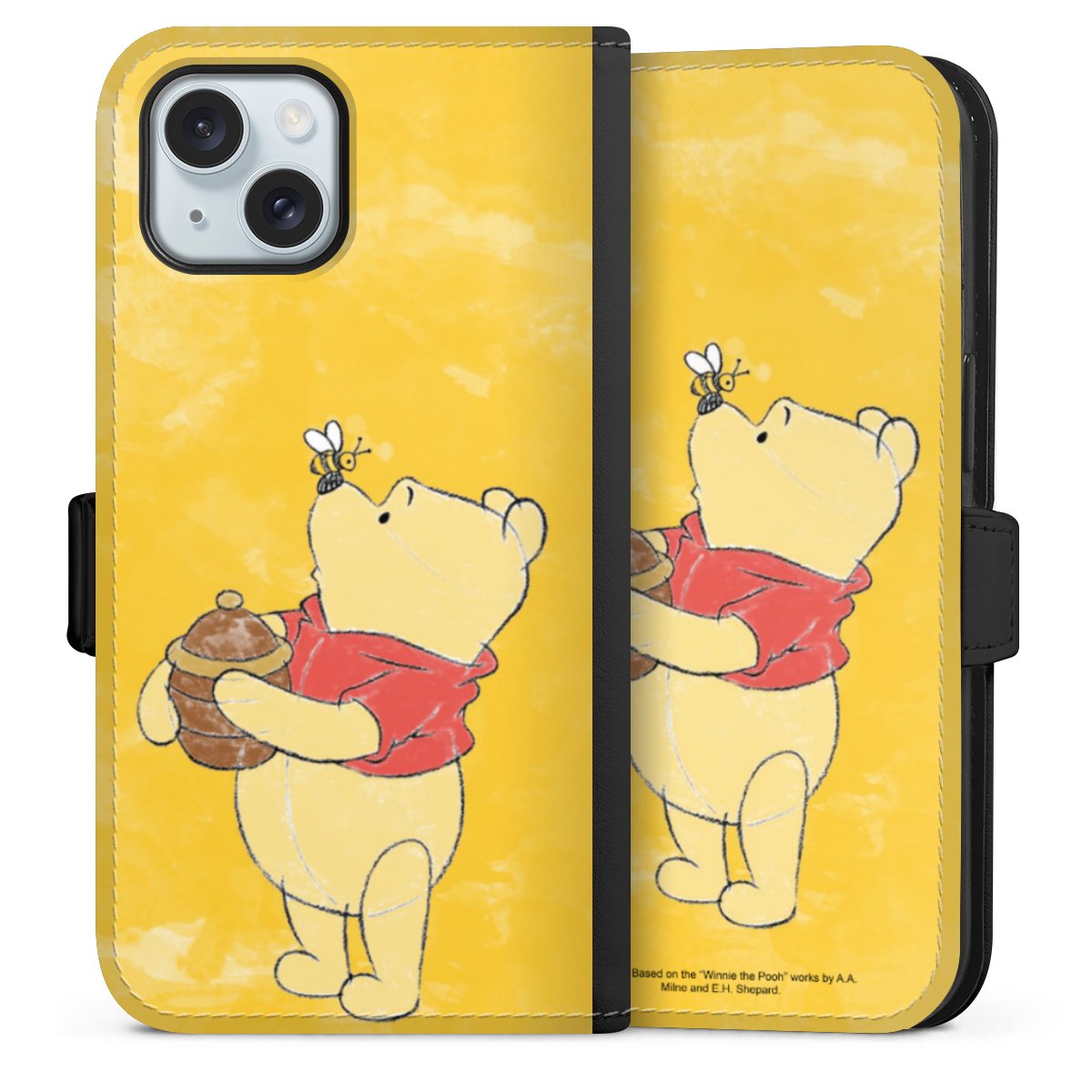 iPhone 15 Handy Klapphülle Handyhülle aus Kunst Leder schwarz Flip Case Official Licensed Product Winnie The Pooh Disney Sideflip mit Lasche