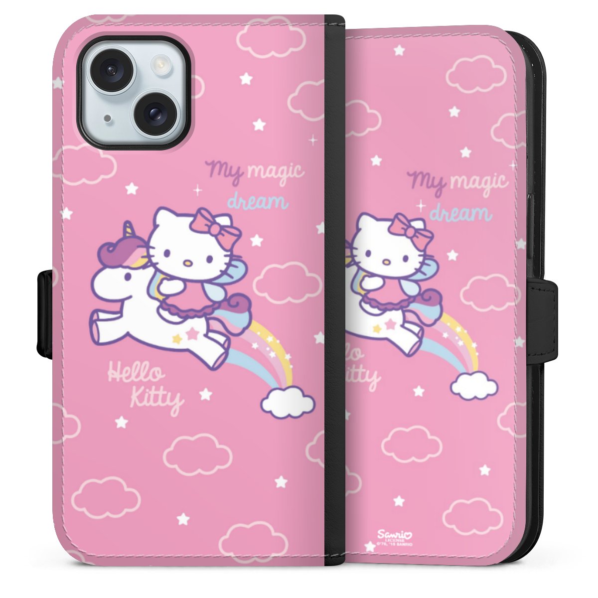 iPhone 15 Handy Klapphülle Handyhülle aus Kunst Leder schwarz Flip Case Einhorn Official Licensed Product Hello Kitty Sideflip mit Lasche