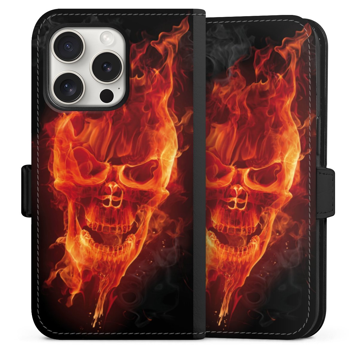 iPhone 15 Pro Handy Klapphülle Handyhülle aus Kunst Leder schwarz Flip Case Totenkopf Skull Fire Sideflip mit Lasche