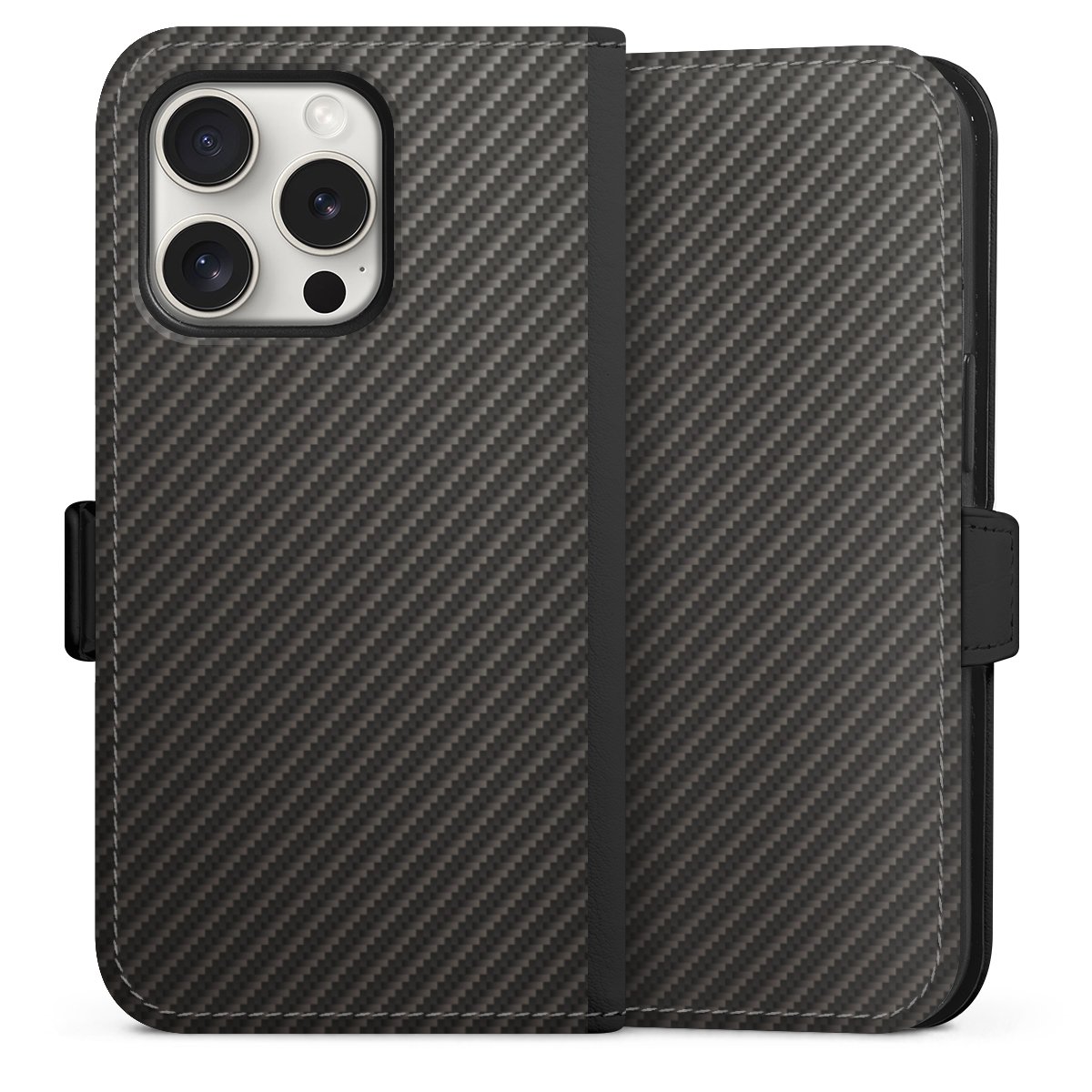 iPhone 15 Pro Handy Klapphülle Handyhülle aus Kunst Leder schwarz Flip Case Metallic Look Carbon Muster Sideflip mit Lasche