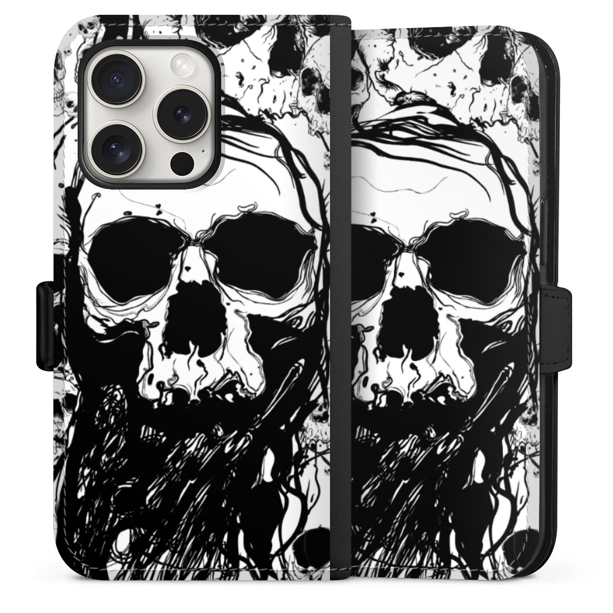 iPhone 15 Pro Handy Klapphülle Handyhülle aus Kunst Leder schwarz Flip Case Totenkopf Halloween Sideflip mit Lasche