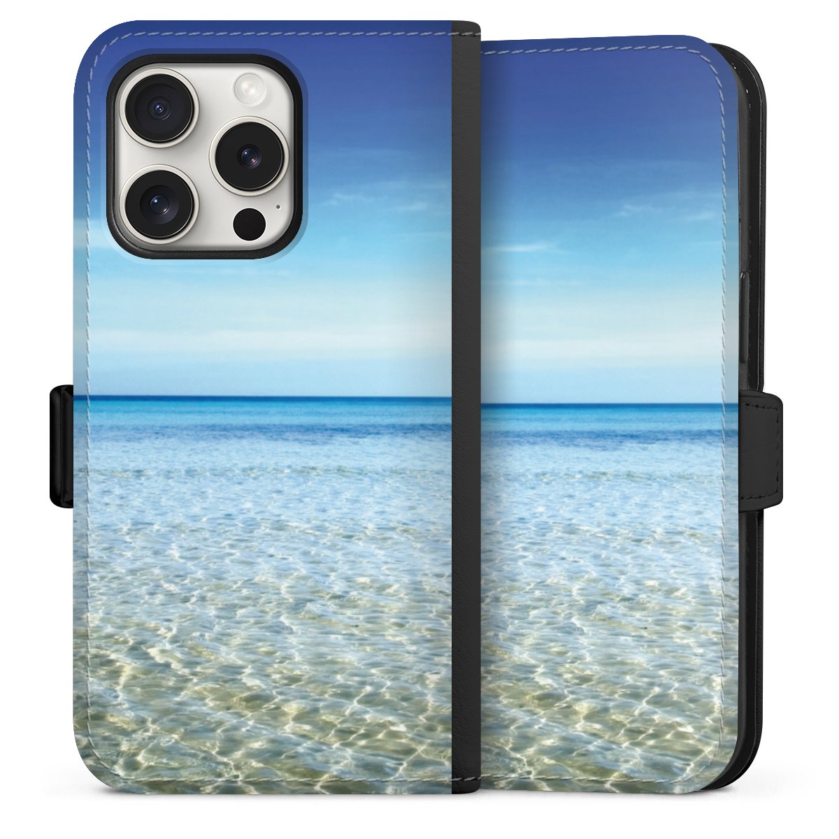 iPhone 15 Pro Handy Klapphülle Handyhülle aus Kunst Leder schwarz Flip Case Urlaub Sky Ocean Sideflip mit Lasche