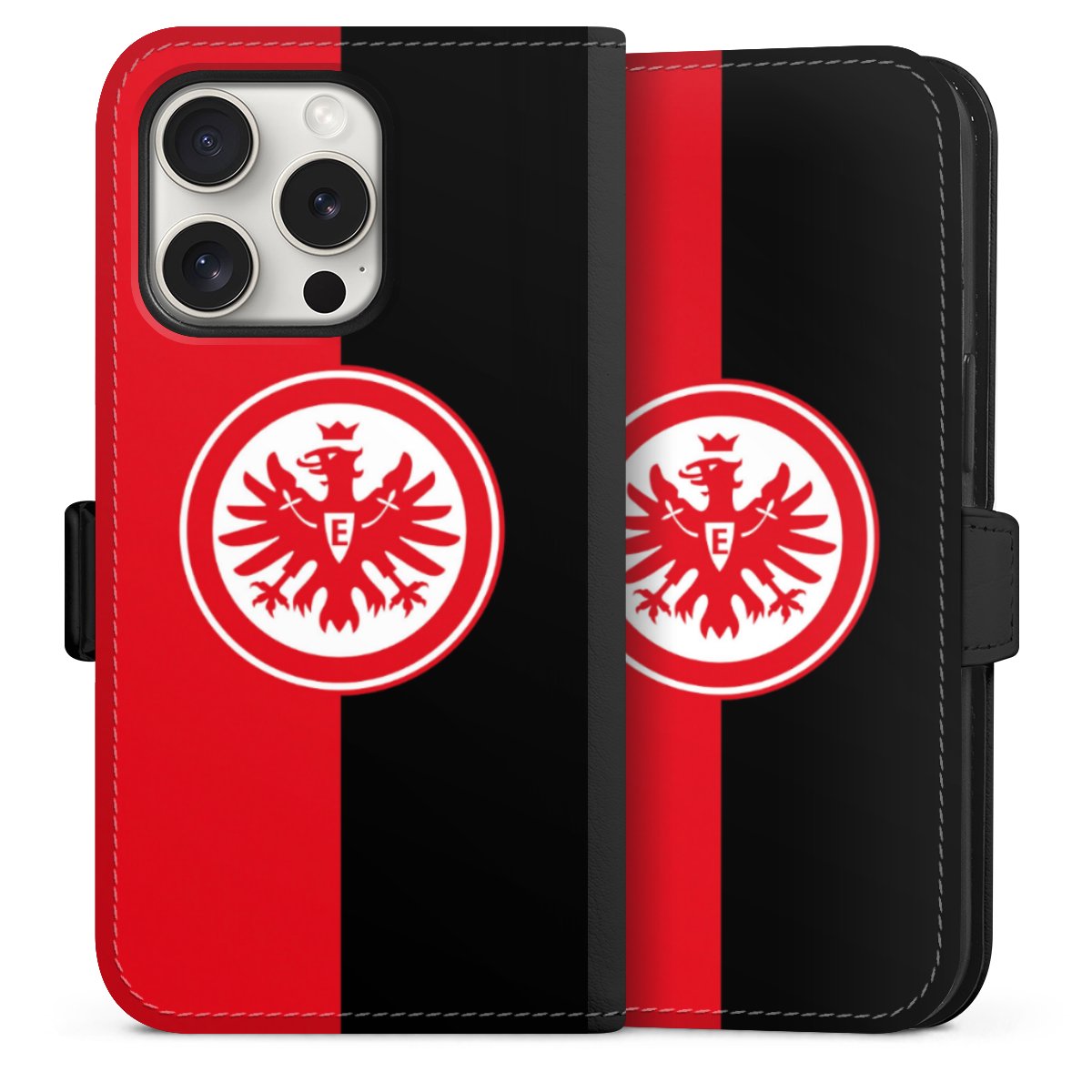 iPhone 15 Pro Handy Klapphülle Handyhülle aus Kunst Leder schwarz Flip Case Official Licensed Product Eintracht Frankfurt Sge Sideflip mit Lasche