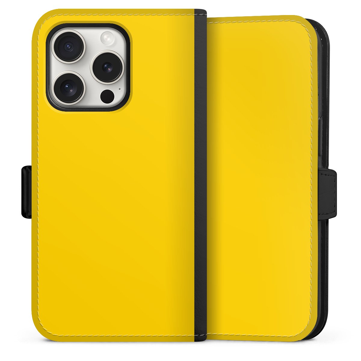 iPhone 15 Pro Handy Klapphülle Handyhülle aus Kunst Leder schwarz Flip Case Yellow Unicoloured Colour Sideflip mit Lasche