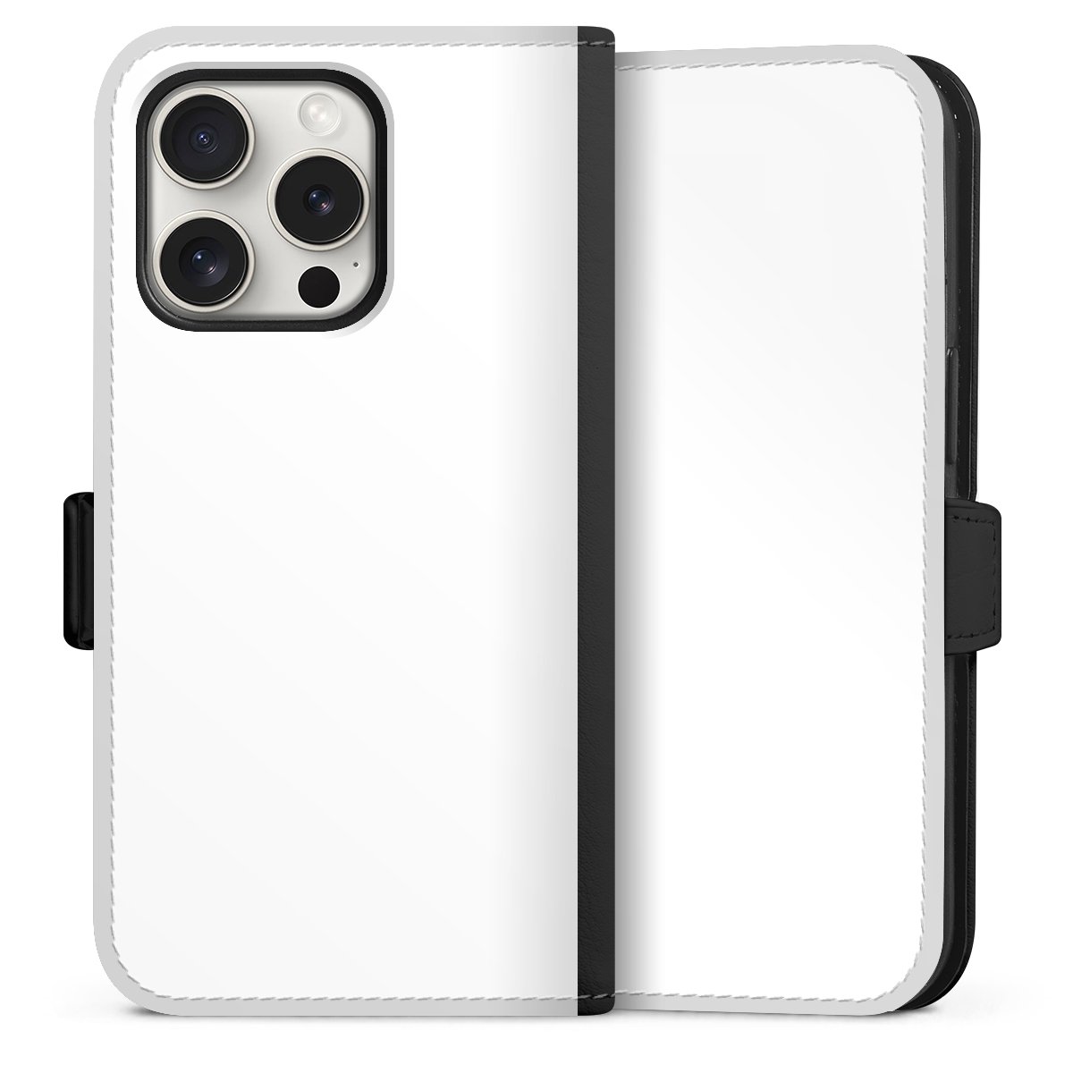 iPhone 15 Pro Handy Klapphülle Handyhülle aus Kunst Leder schwarz Flip Case Unicoloured Colour White Sideflip mit Lasche