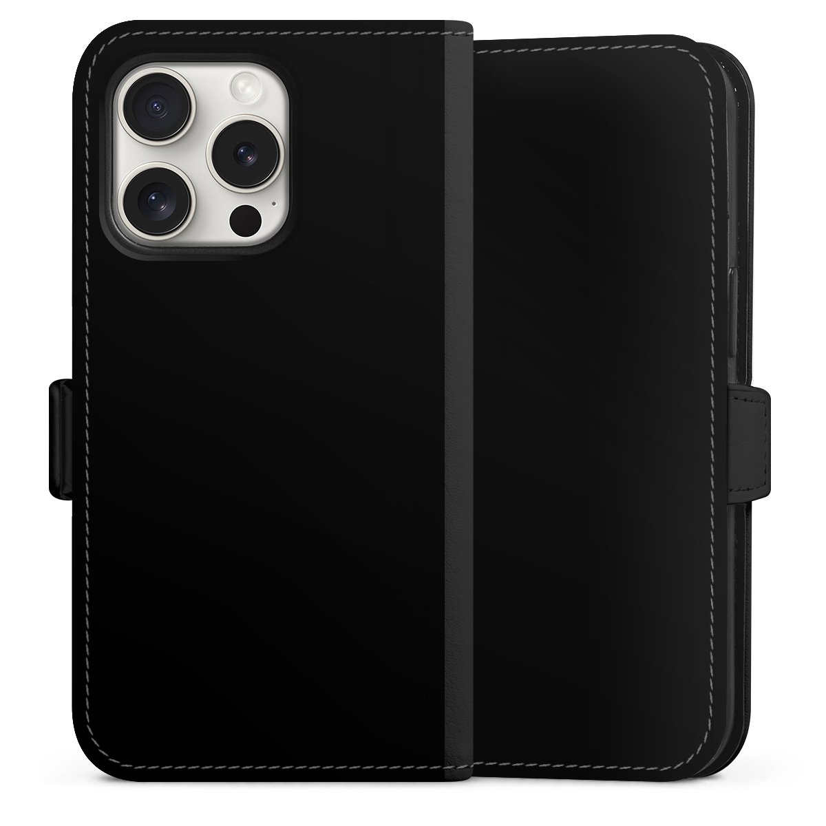 iPhone 15 Pro Handy Klapphülle Handyhülle aus Kunst Leder schwarz Flip Case Black Colour Unicoloured Sideflip mit Lasche