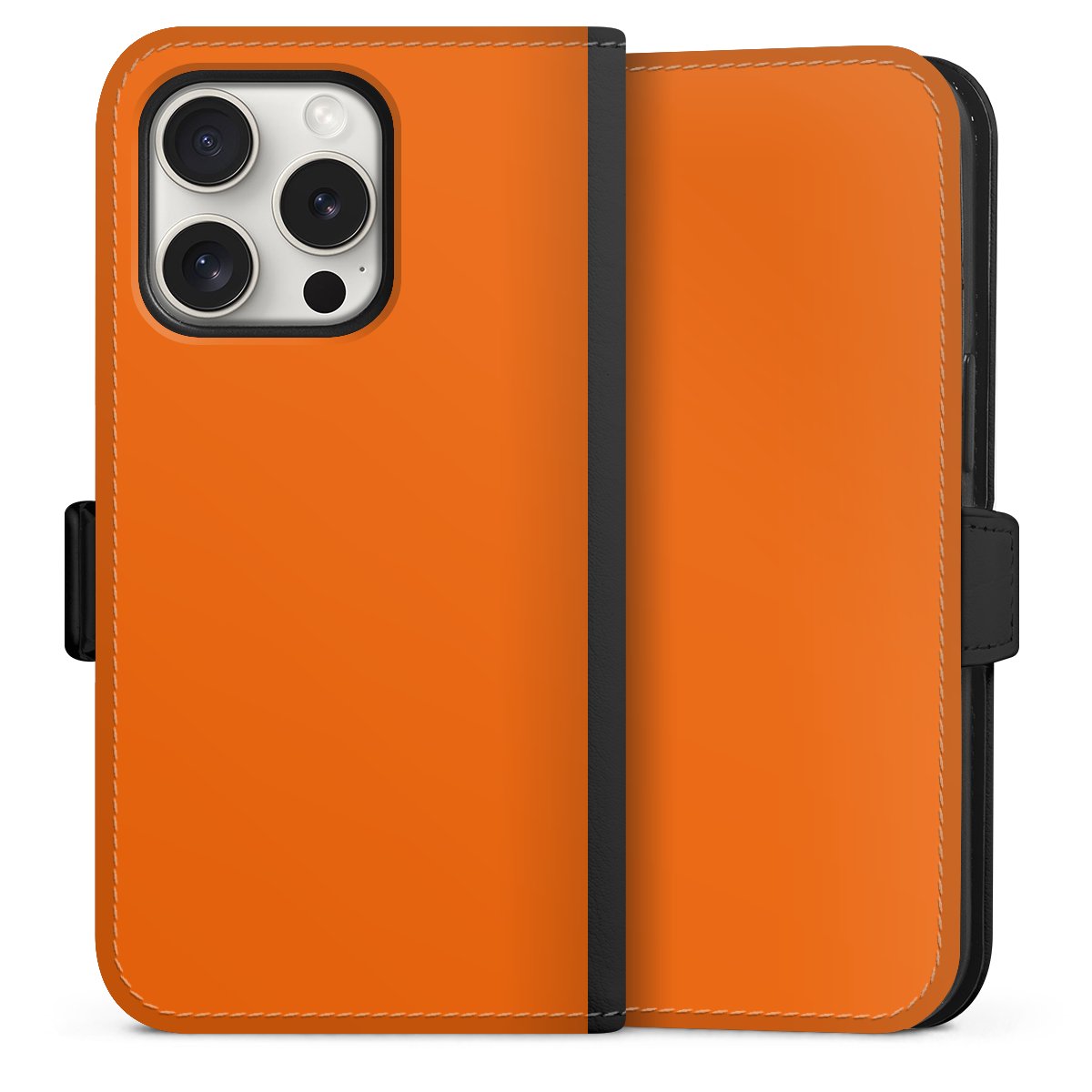 iPhone 15 Pro Handy Klapphülle Handyhülle aus Kunst Leder schwarz Flip Case Orange Colour Unicoloured Sideflip mit Lasche