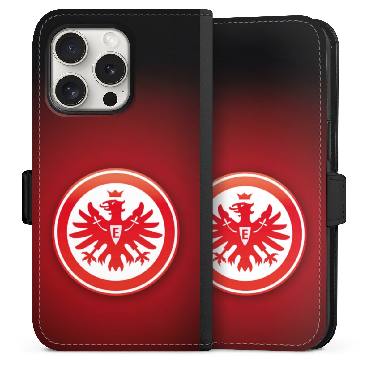 iPhone 15 Pro Handy Klapphülle Handyhülle aus Kunst Leder schwarz Flip Case Eintracht Frankfurt Official Licensed Product Coat Of Arms Sideflip mit Lasche