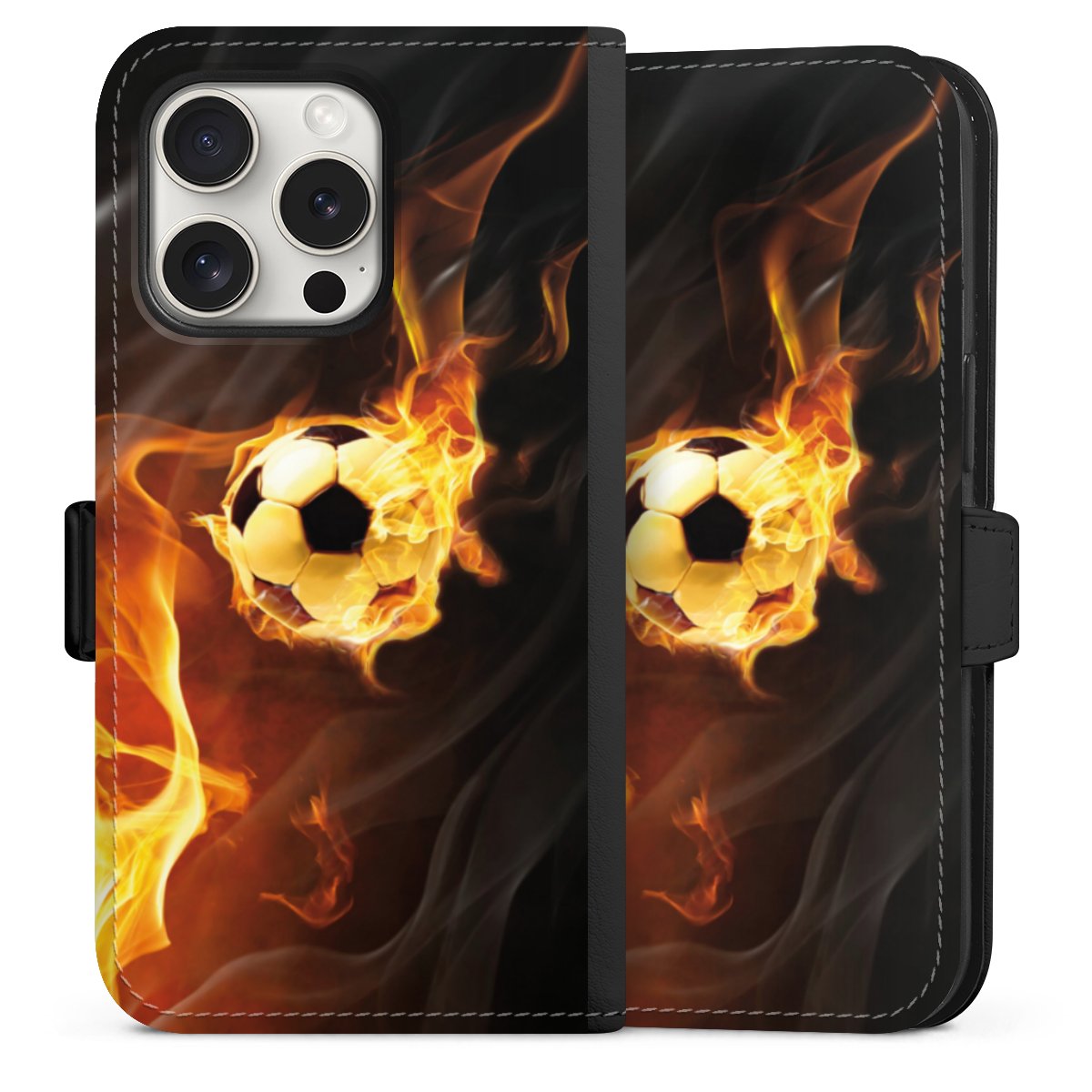 iPhone 15 Pro Handy Klapphülle Handyhülle aus Kunst Leder schwarz Flip Case Ball Fire Soccer Sideflip mit Lasche