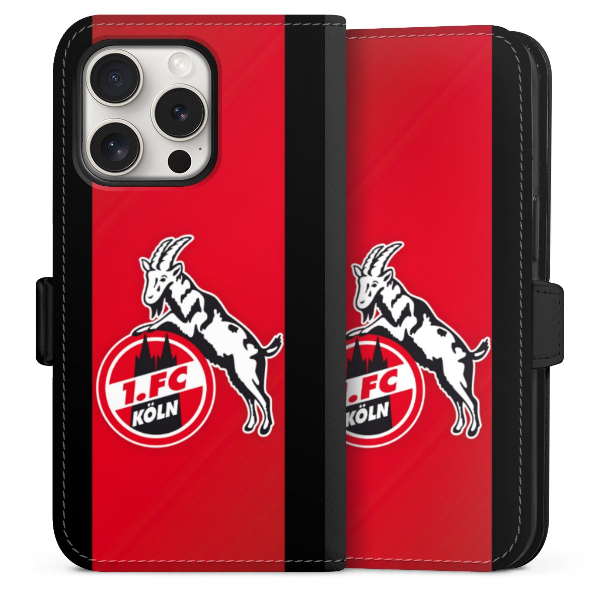 iPhone 15 Pro Handy Klapphülle Handyhülle aus Kunst Leder schwarz Flip Case Official Licensed Product Billy Goat Hennes 1. Fc Köln Sideflip mit Lasche