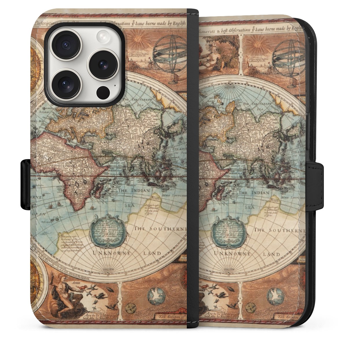 iPhone 15 Pro Handy Klapphülle Handyhülle aus Kunst Leder schwarz Flip Case World Map Vintage Map Sideflip mit Lasche