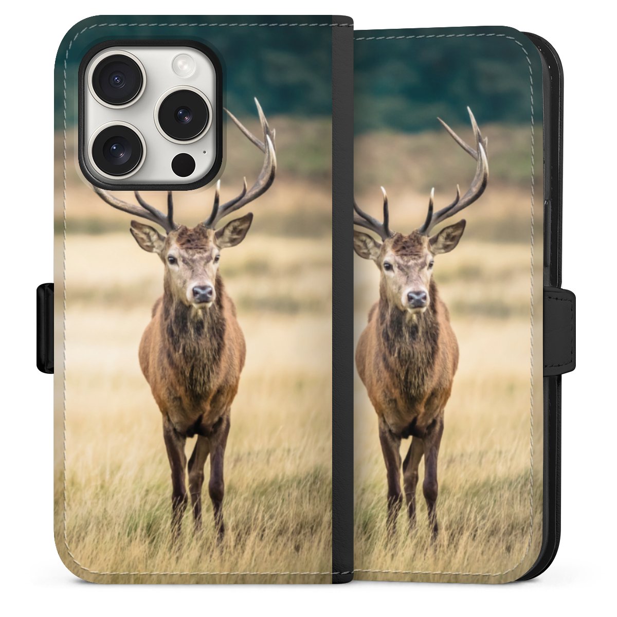 iPhone 15 Pro Handy Klapphülle Handyhülle aus Kunst Leder schwarz Flip Case Deer Meadow Forrest Sideflip mit Lasche