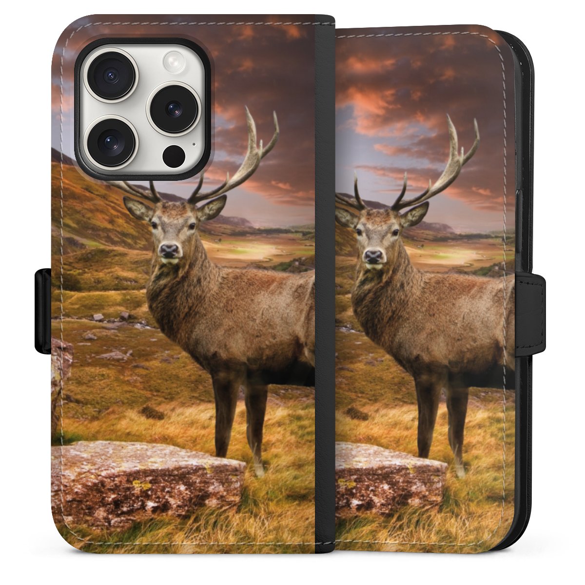 iPhone 15 Pro Handy Klapphülle Handyhülle aus Kunst Leder schwarz Flip Case Meadow Mountain Deer Sideflip mit Lasche