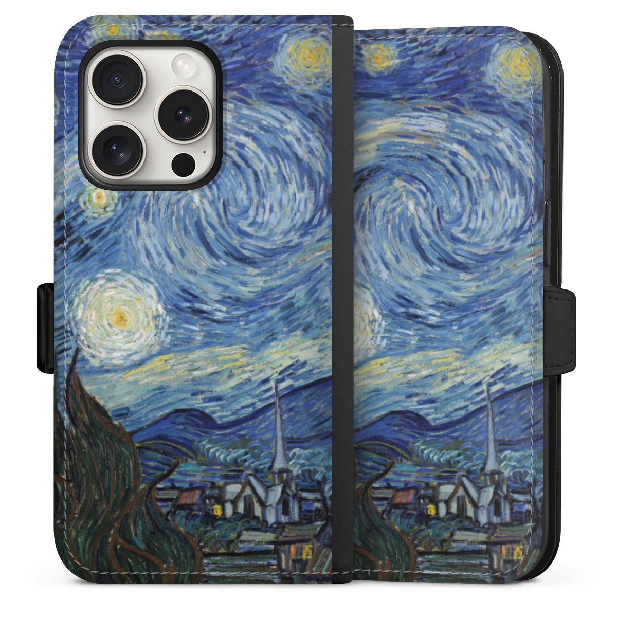 iPhone 15 Pro Handy Klapphülle Handyhülle aus Kunst Leder schwarz Flip Case The Starry Night Kunst Vincent Van Gogh Sideflip mit Lasche