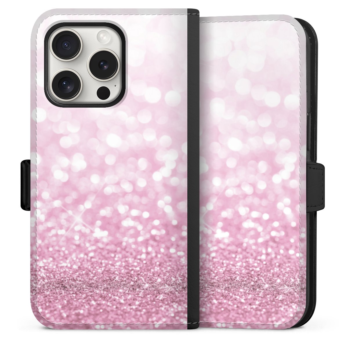 iPhone 15 Pro Handy Klapphülle Handyhülle aus Kunst Leder schwarz Flip Case Glitzer Pink Shine Sideflip mit Lasche