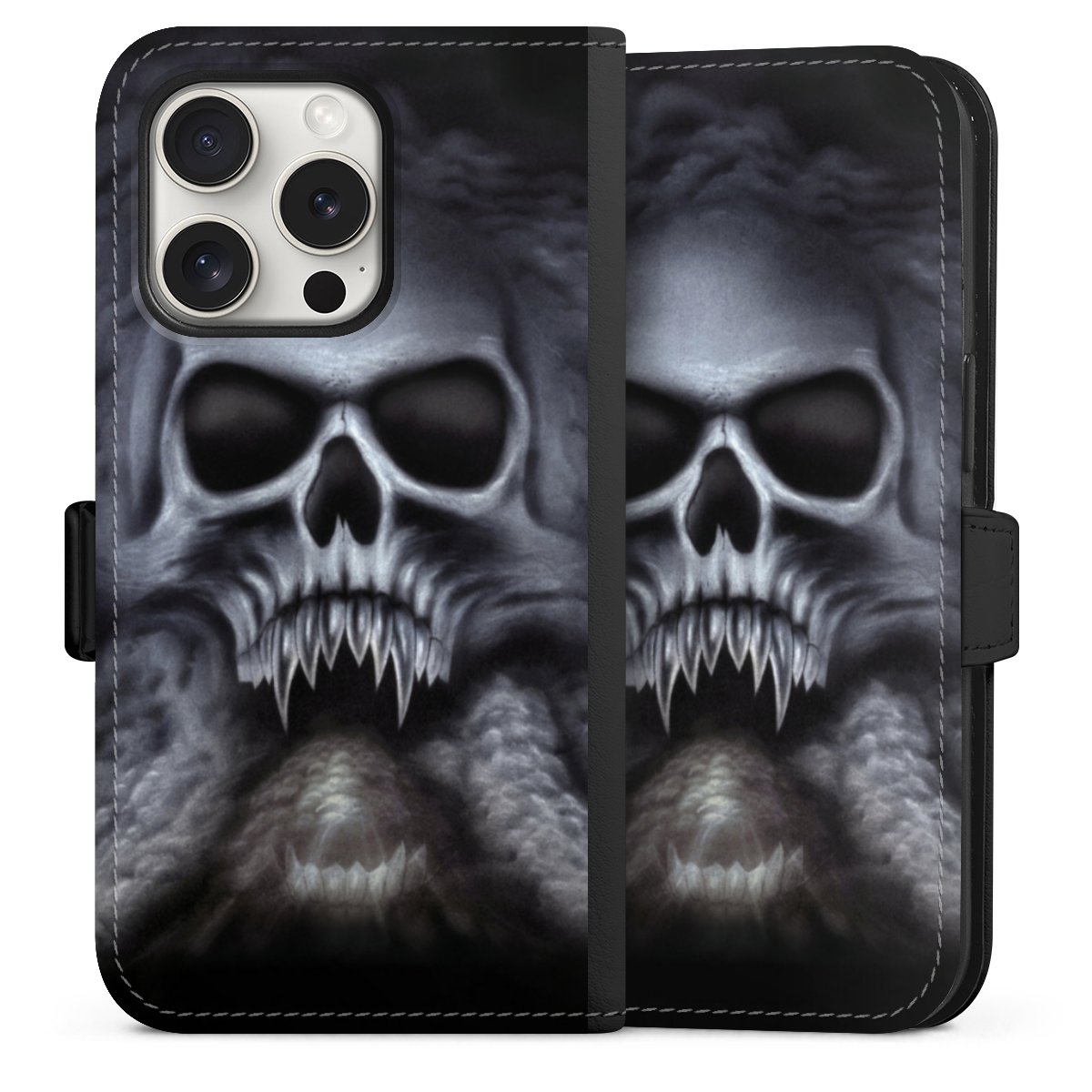 iPhone 15 Pro Handy Klapphülle Handyhülle aus Kunst Leder schwarz Flip Case Totenkopf Skull Sideflip mit Lasche