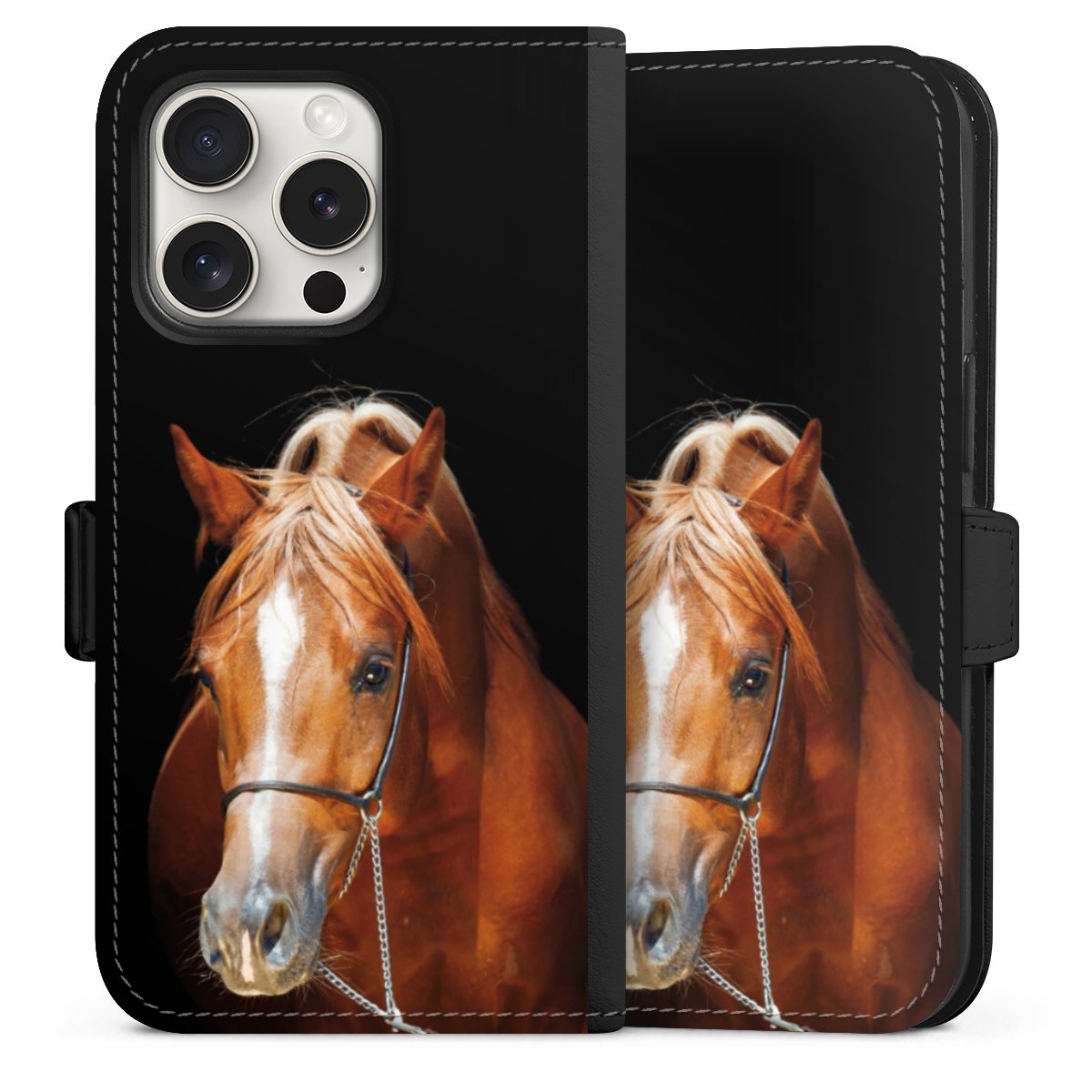 iPhone 15 Pro Handy Klapphülle Handyhülle aus Kunst Leder schwarz Flip Case Mare Horse Hobby Sideflip mit Lasche