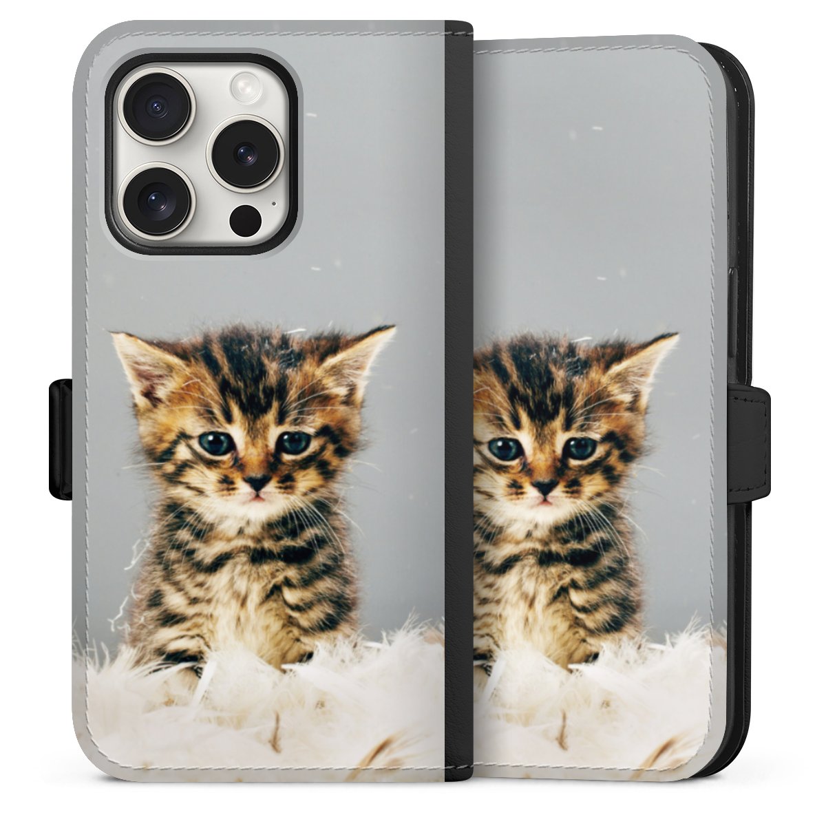 iPhone 15 Pro Handy Klapphülle Handyhülle aus Kunst Leder schwarz Flip Case Cat Feather Pet Sideflip mit Lasche