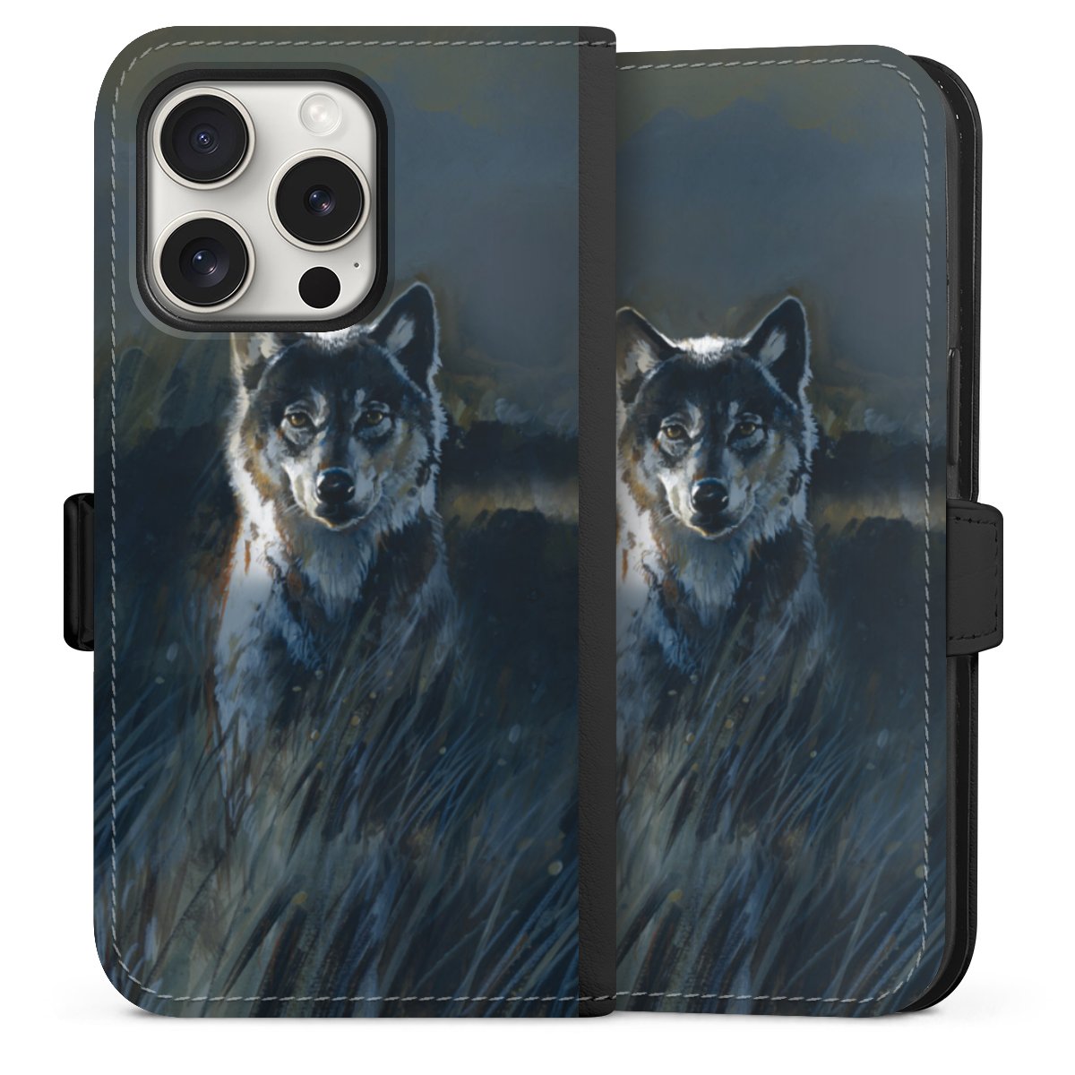 iPhone 15 Pro Handy Klapphülle Handyhülle aus Kunst Leder schwarz Flip Case Nature Wolf Painting Sideflip mit Lasche