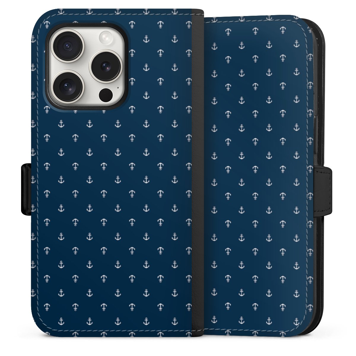 iPhone 15 Pro Handy Klapphülle Handyhülle aus Kunst Leder schwarz Flip Case Muster Anchor Sail Sideflip mit Lasche