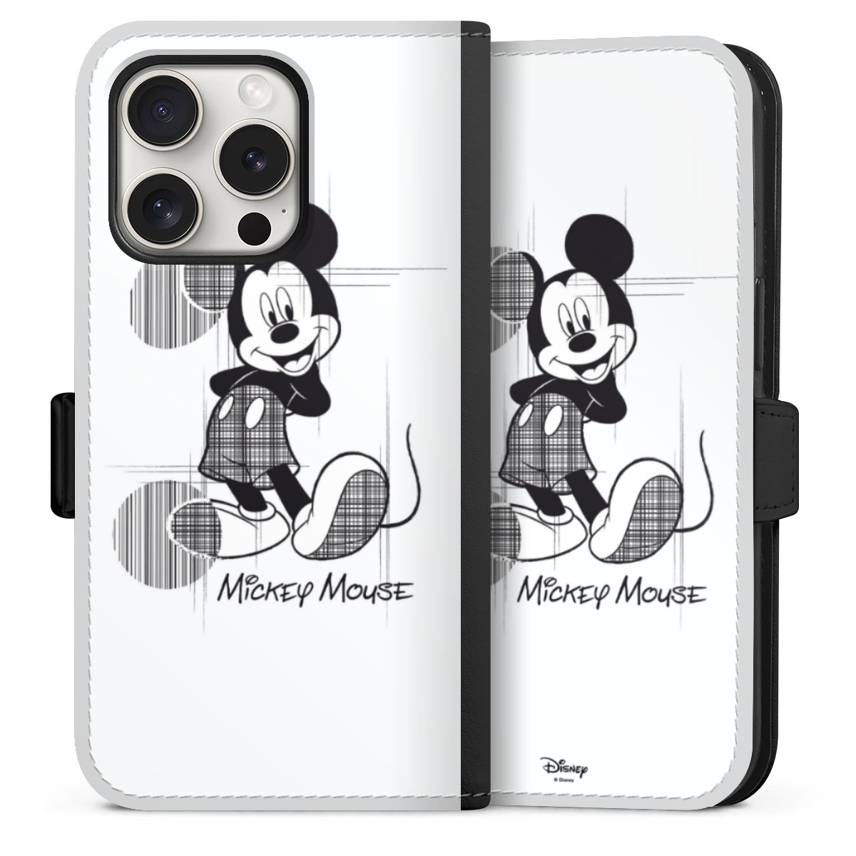 iPhone 15 Pro Handy Klapphülle Handyhülle aus Kunst Leder schwarz Flip Case Disney Official Licensed Product Mickey Mouse Sideflip mit Lasche