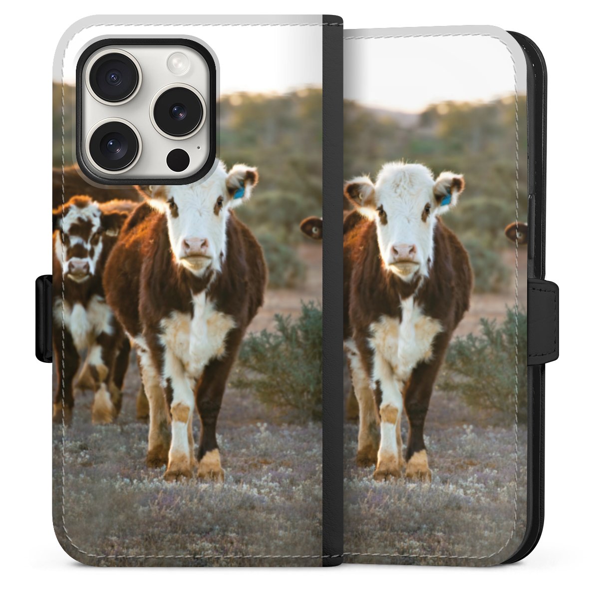 iPhone 15 Pro Handy Klapphülle Handyhülle aus Kunst Leder schwarz Flip Case Cow Farmer Calf Sideflip mit Lasche