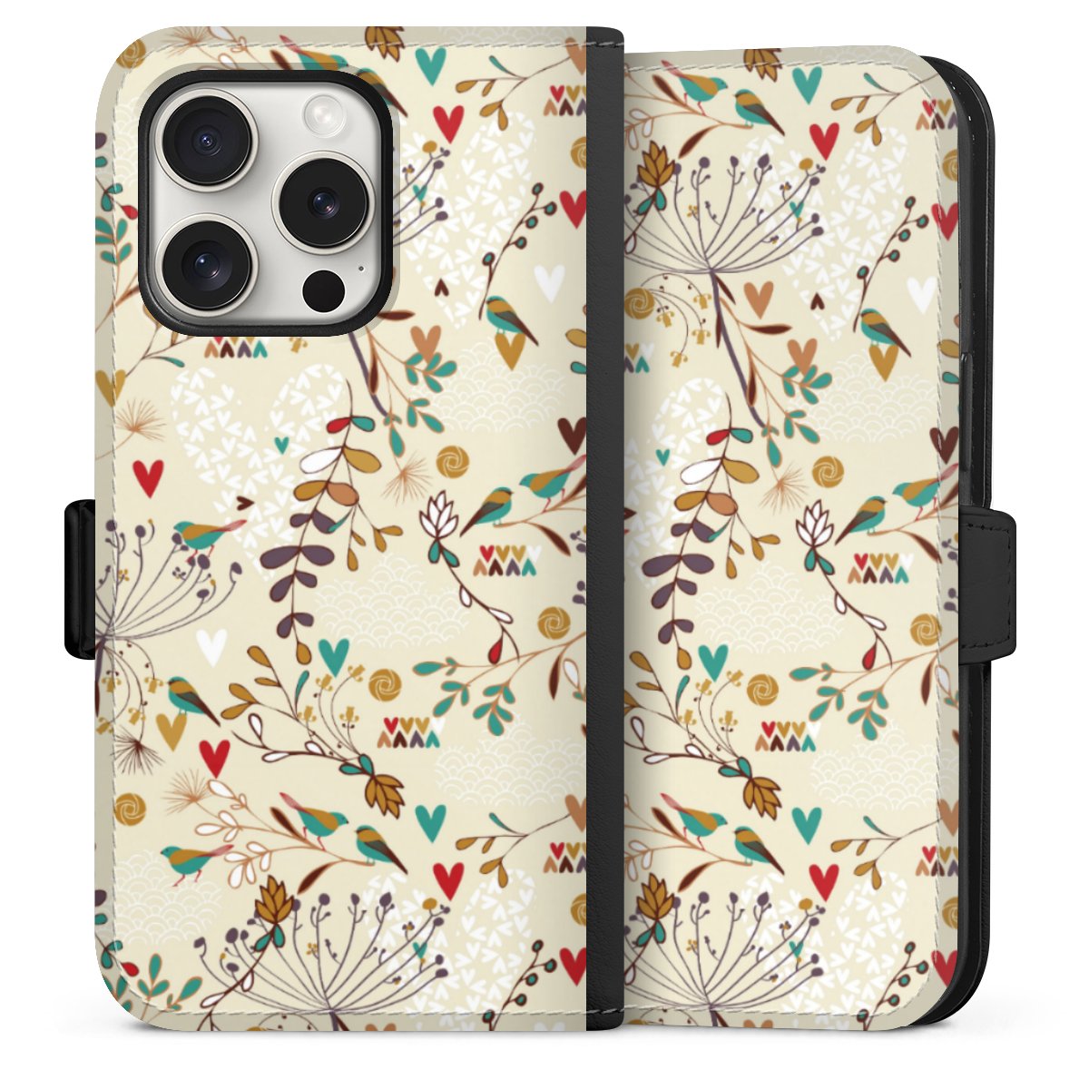 iPhone 15 Pro Handy Klapphülle Handyhülle aus Kunst Leder schwarz Flip Case Bird Flowers Retro Sideflip mit Lasche