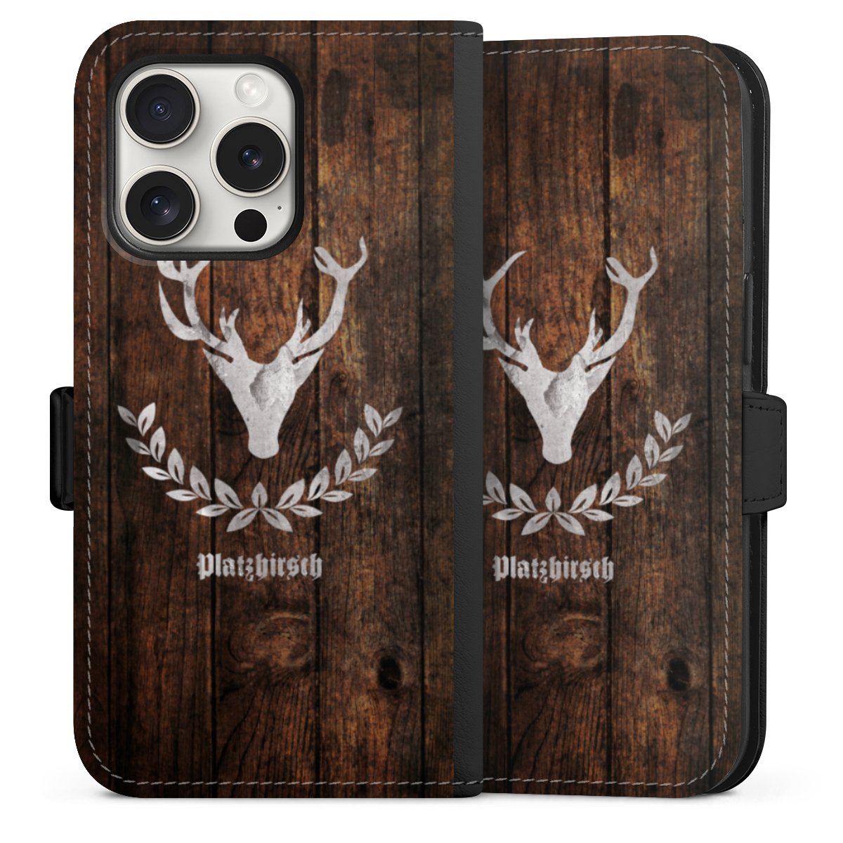 iPhone 15 Pro Handy Klapphülle Handyhülle aus Kunst Leder schwarz Flip Case Deer Wood Wooden Look Sideflip mit Lasche