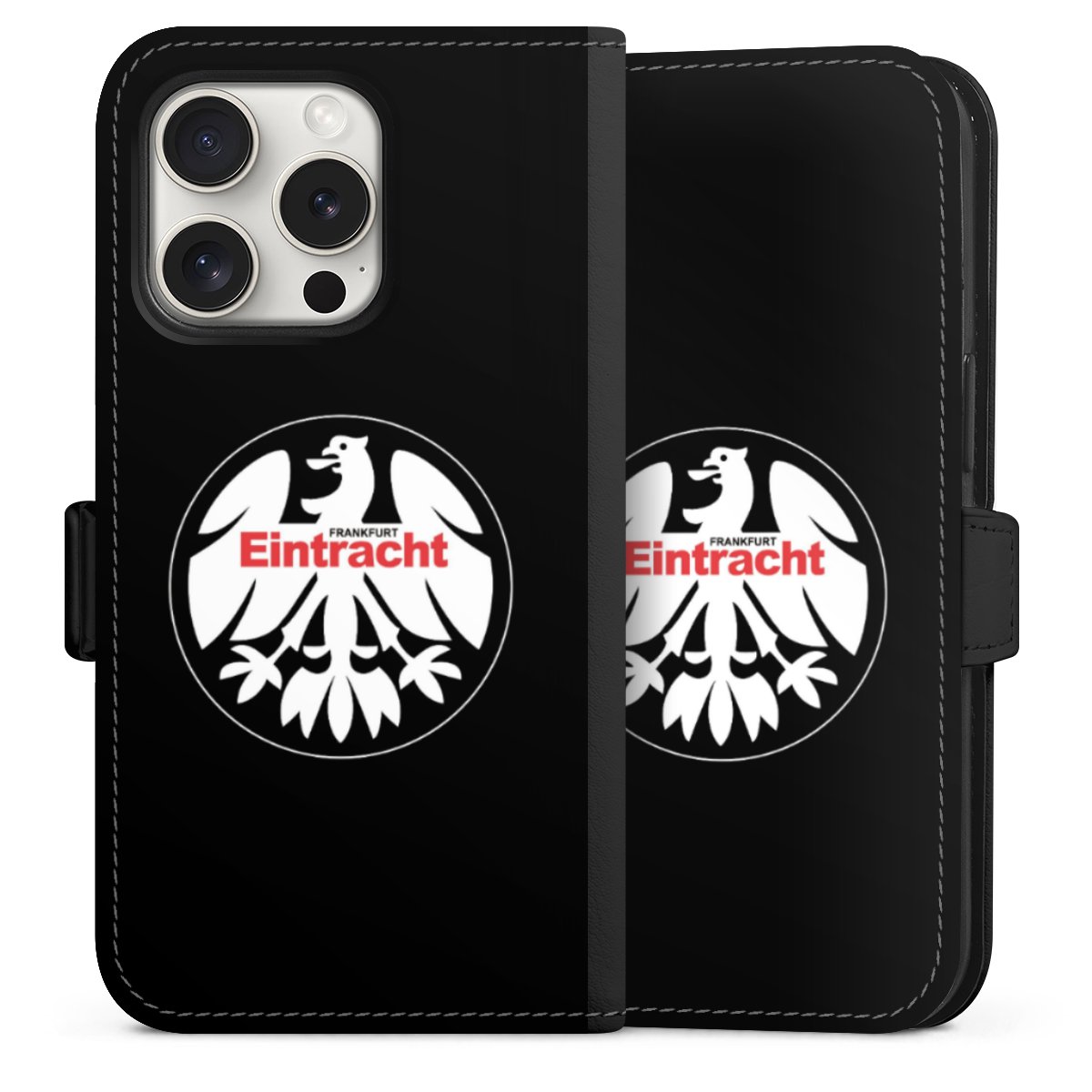 iPhone 15 Pro Handy Klapphülle Handyhülle aus Kunst Leder schwarz Flip Case Official Licensed Product Eintracht Frankfurt Sge Sideflip mit Lasche