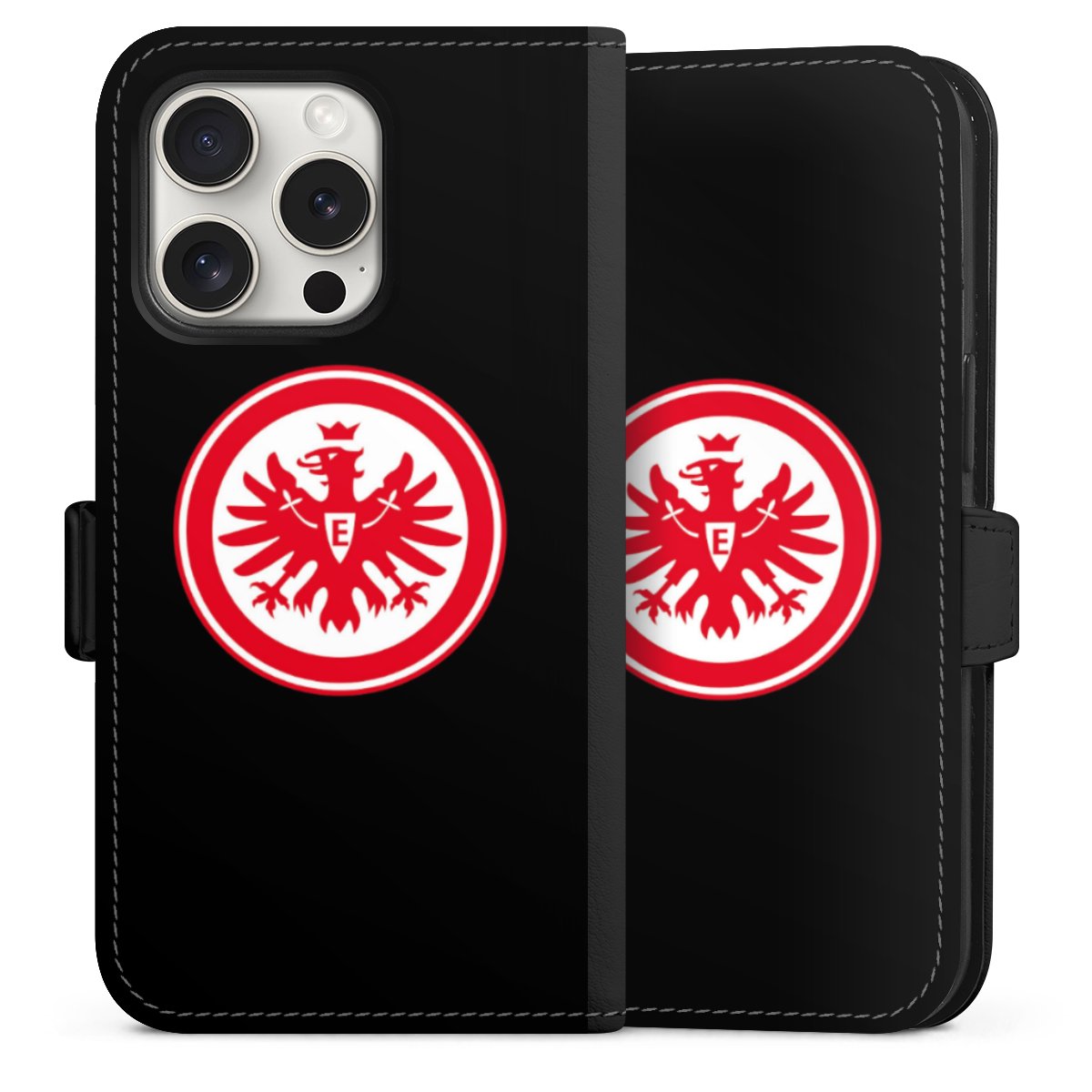 iPhone 15 Pro Handy Klapphülle Handyhülle aus Kunst Leder schwarz Flip Case Eintracht Frankfurt Sge Eagle Sideflip mit Lasche