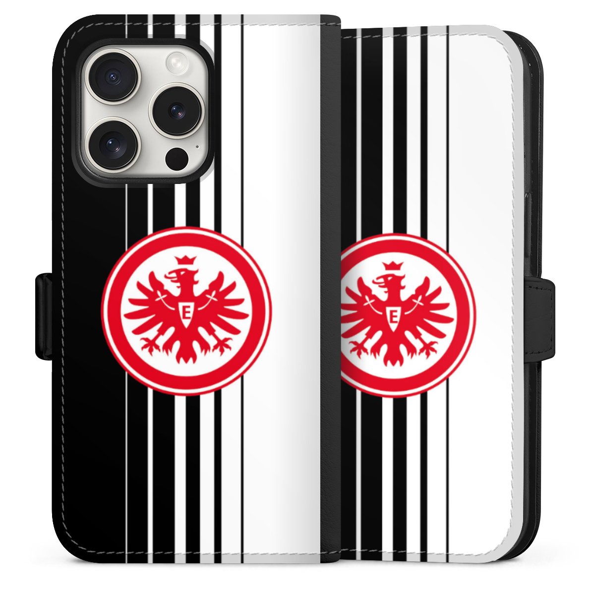 iPhone 15 Pro Handy Klapphülle Handyhülle aus Kunst Leder schwarz Flip Case Stripes Eintracht Frankfurt Official Licensed Product Sideflip mit Lasche