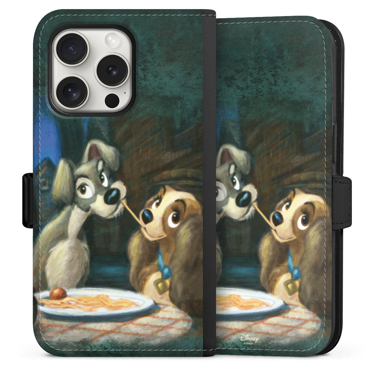 iPhone 15 Pro Handy Klapphülle Handyhülle aus Kunst Leder schwarz Flip Case Lady And The Tramp Official Licensed Product Disney Sideflip mit Lasche