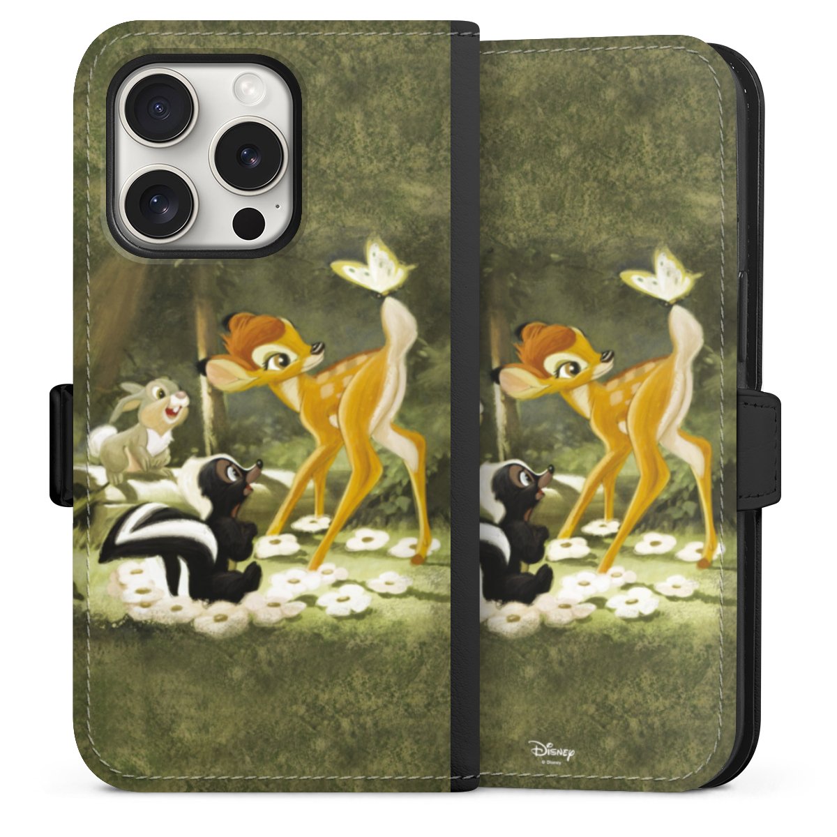 iPhone 15 Pro Handy Klapphülle Handyhülle aus Kunst Leder schwarz Flip Case Disney Official Licensed Product Bambi Sideflip mit Lasche