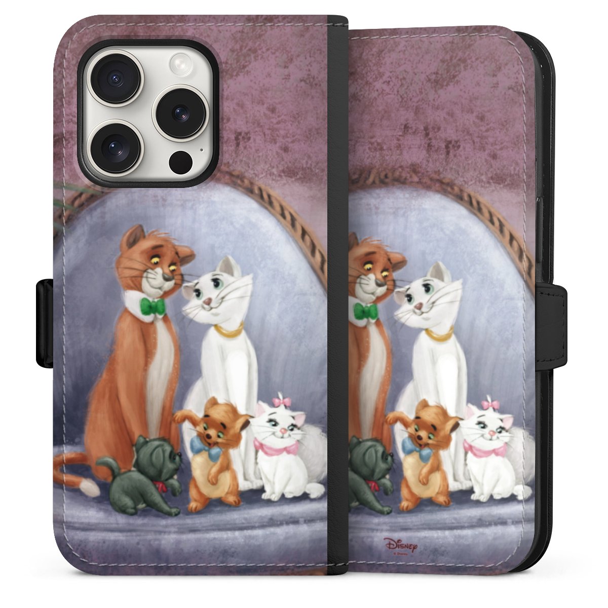 iPhone 15 Pro Handy Klapphülle Handyhülle aus Kunst Leder schwarz Flip Case Official Licensed Product Disney Aristocats Sideflip mit Lasche