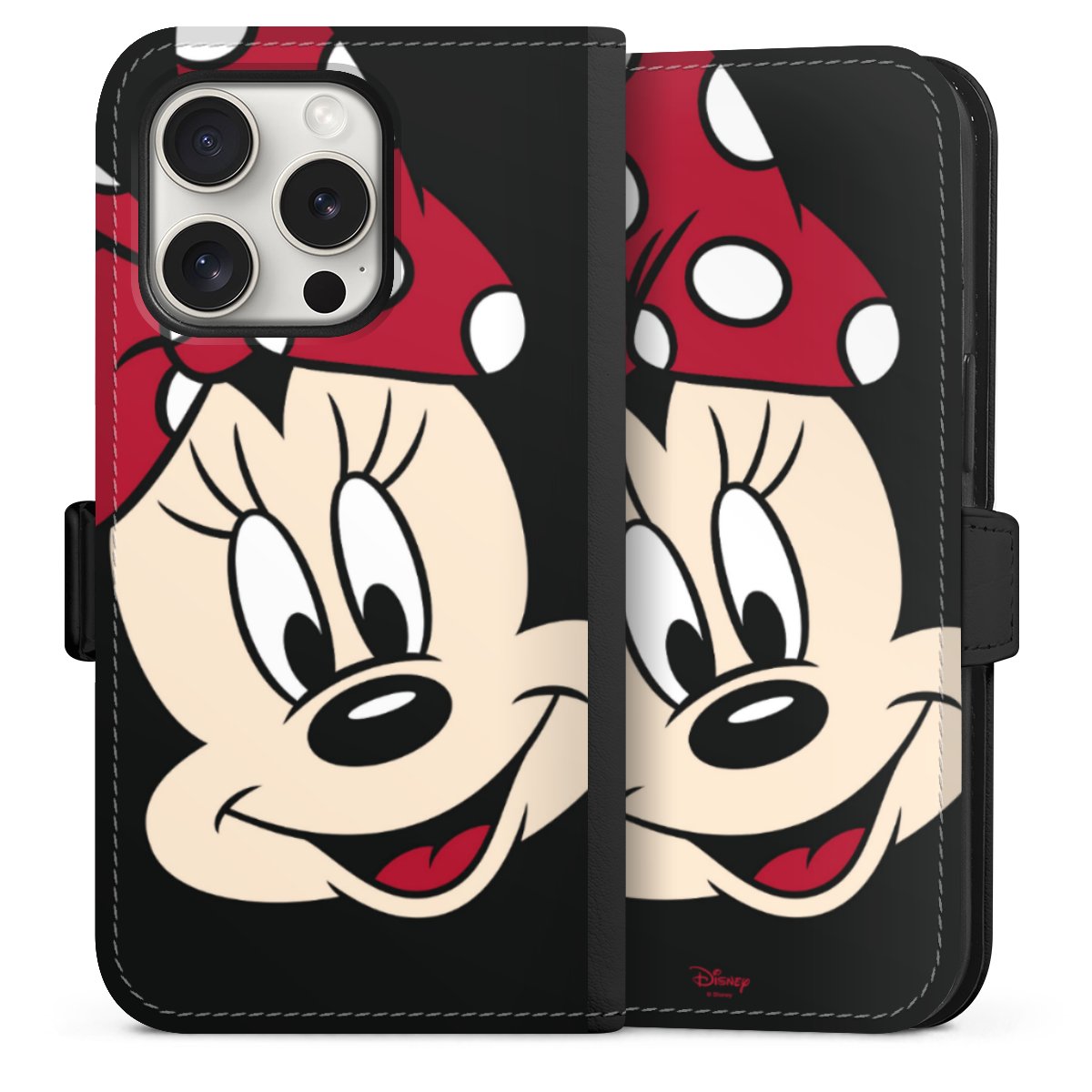 iPhone 15 Pro Handy Klapphülle Handyhülle aus Kunst Leder schwarz Flip Case Minnie Mouse Official Licensed Product Disney Sideflip mit Lasche