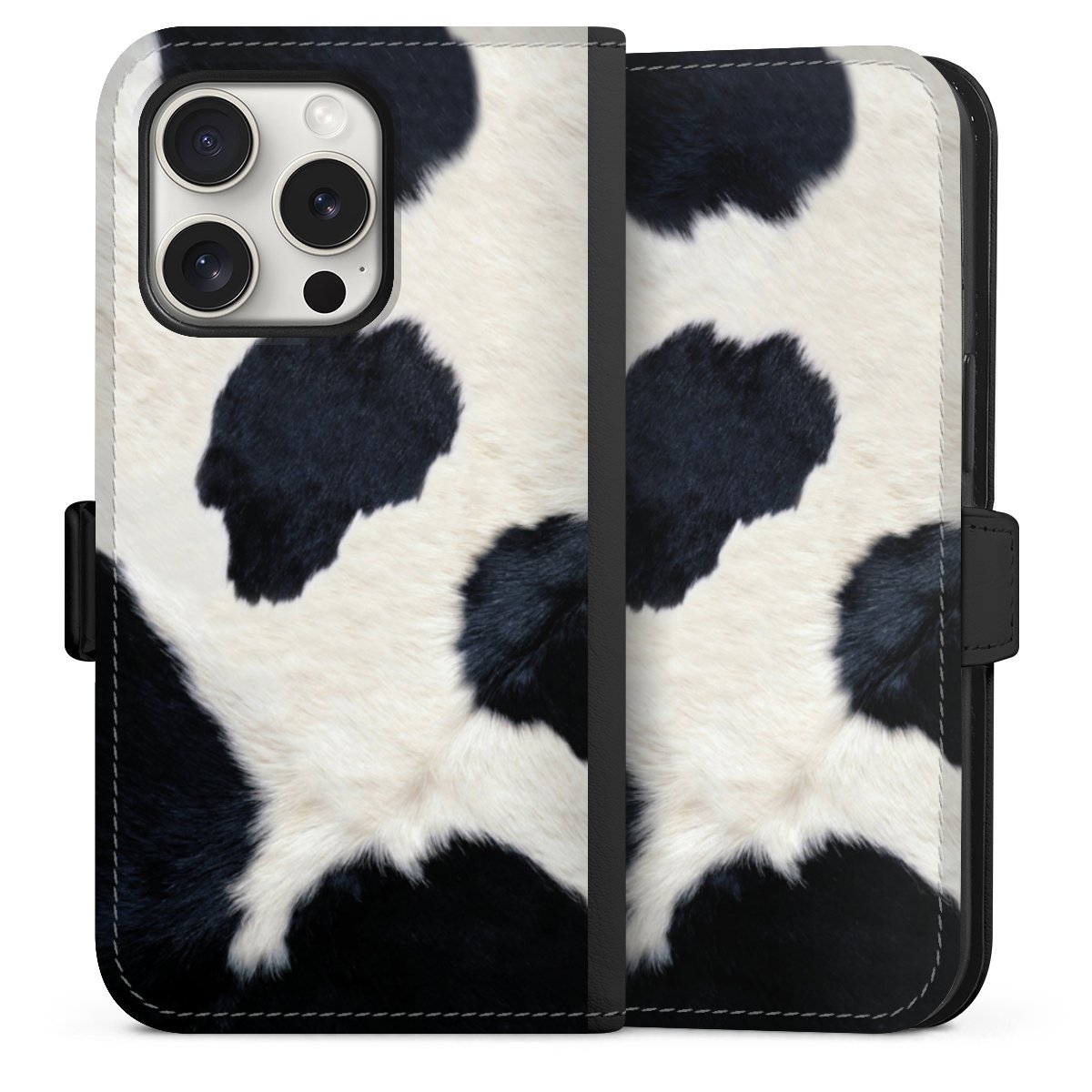 iPhone 15 Pro Handy Klapphülle Handyhülle aus Kunst Leder schwarz Flip Case Animal Look Animal Print Cow Skin Sideflip mit Lasche