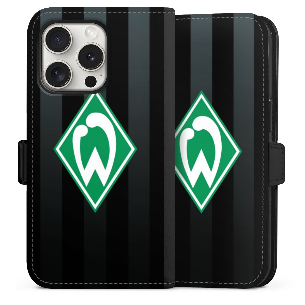 iPhone 15 Pro Handy Klapphülle Handyhülle aus Kunst Leder schwarz Flip Case Stripes Sv Werder Bremen Official Licensed Product Sideflip mit Lasche