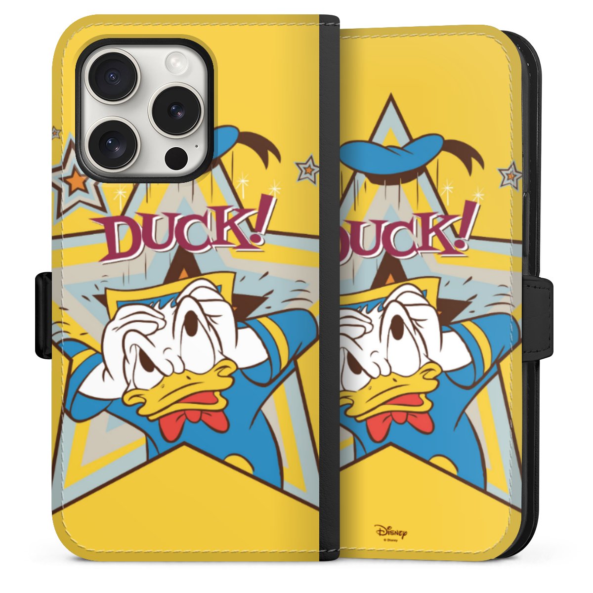 iPhone 15 Pro Handy Klapphülle Handyhülle aus Kunst Leder schwarz Flip Case Official Licensed Product Donald Duck Disney Sideflip mit Lasche