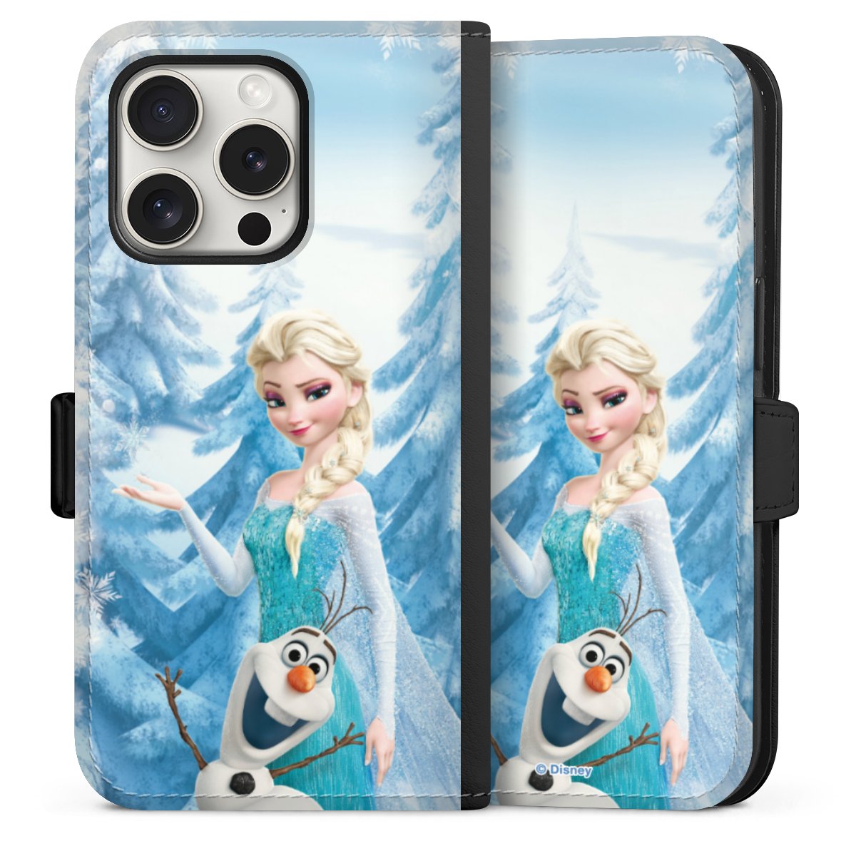 iPhone 15 Pro Handy Klapphülle Handyhülle aus Kunst Leder schwarz Flip Case Official Licensed Product Frozen Elsa Disney Sideflip mit Lasche