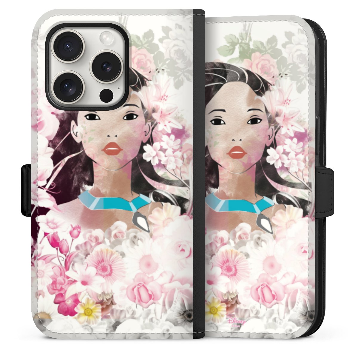 iPhone 15 Pro Handy Klapphülle Handyhülle aus Kunst Leder schwarz Flip Case Pocahontas Official Licensed Product Disney Sideflip mit Lasche