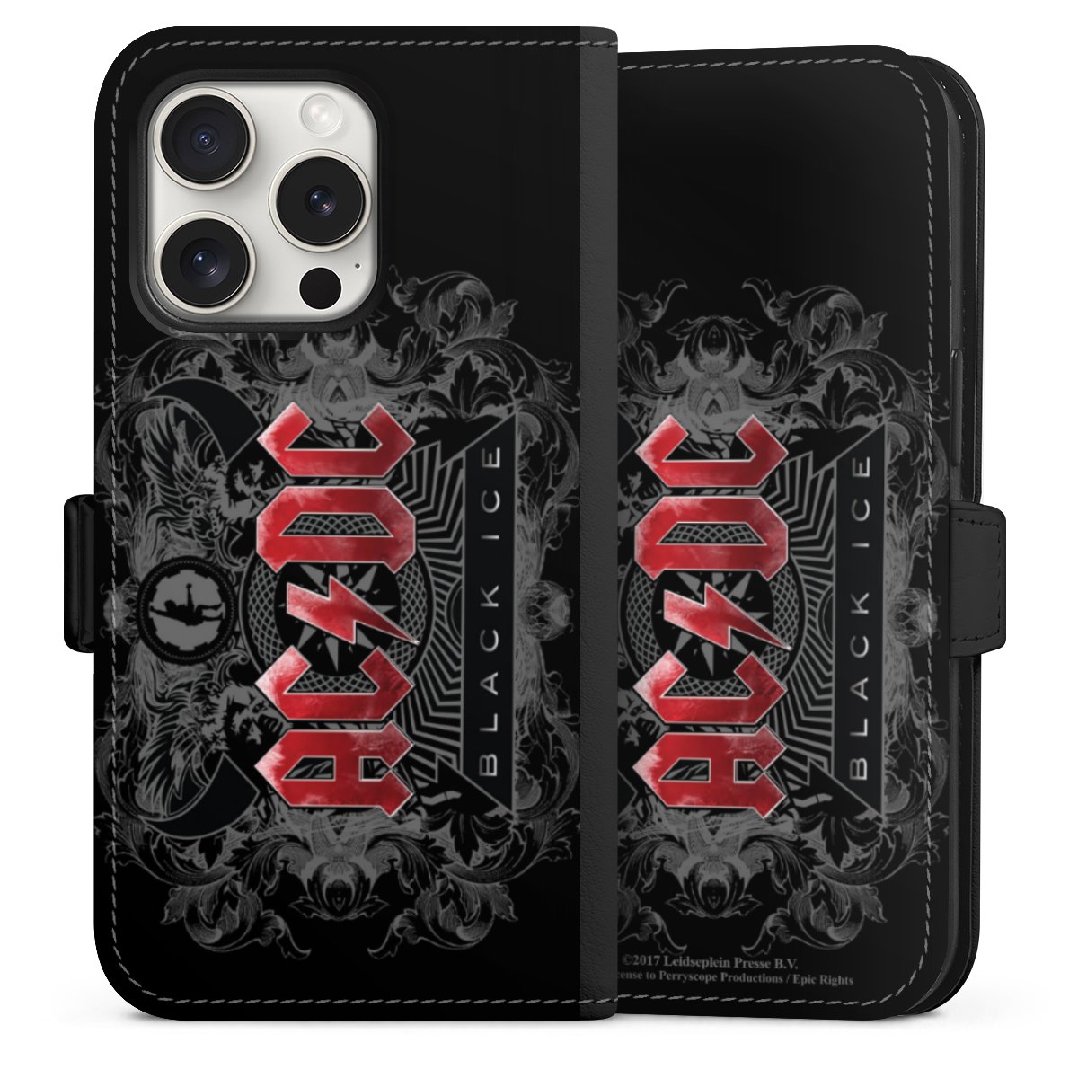 iPhone 15 Pro Handy Klapphülle Handyhülle aus Kunst Leder schwarz Flip Case Merchandise Black Ice Acdc Sideflip mit Lasche