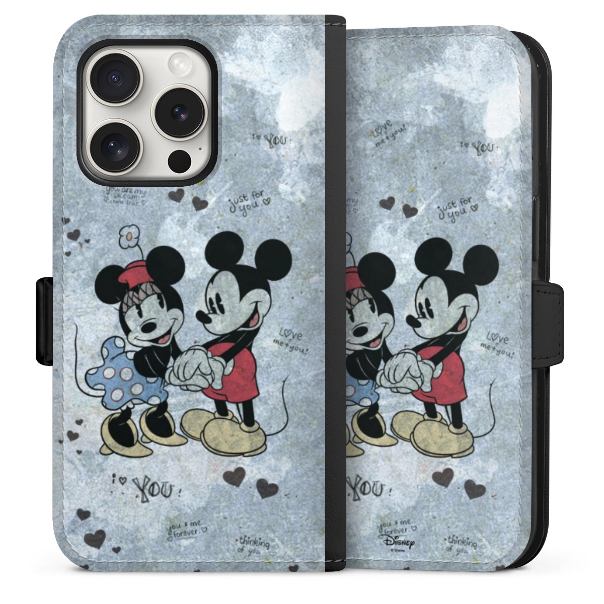 iPhone 15 Pro Handy Klapphülle Handyhülle aus Kunst Leder schwarz Flip Case Mickey & Minnie Mouse Vintage Disney Sideflip mit Lasche