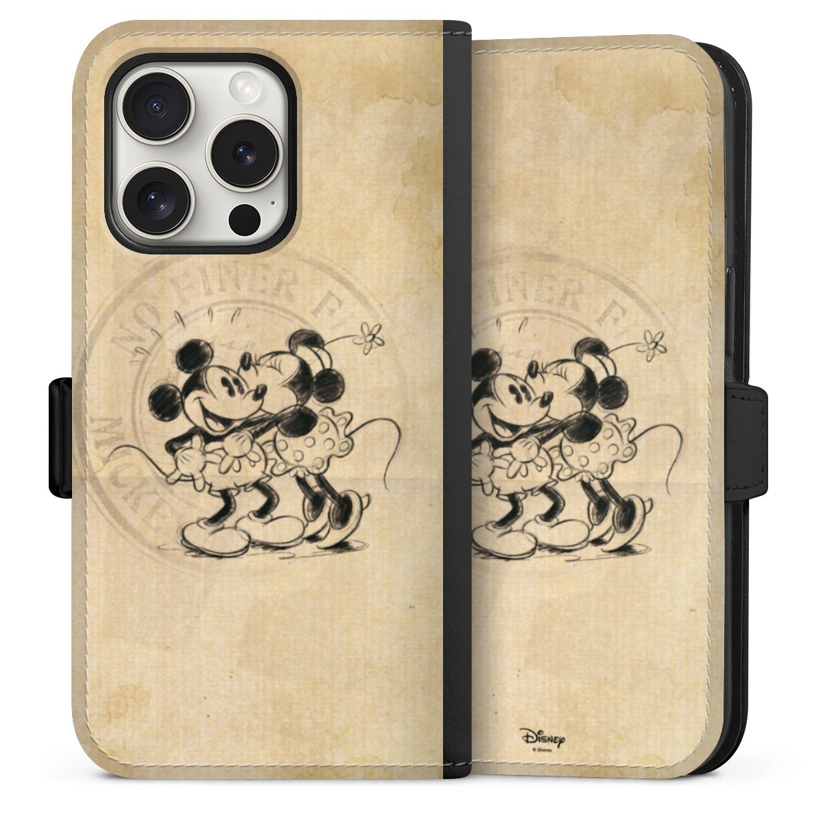 iPhone 15 Pro Handy Klapphülle Handyhülle aus Kunst Leder schwarz Flip Case Mickey Mouse Vintage Minnie Mouse Sideflip mit Lasche