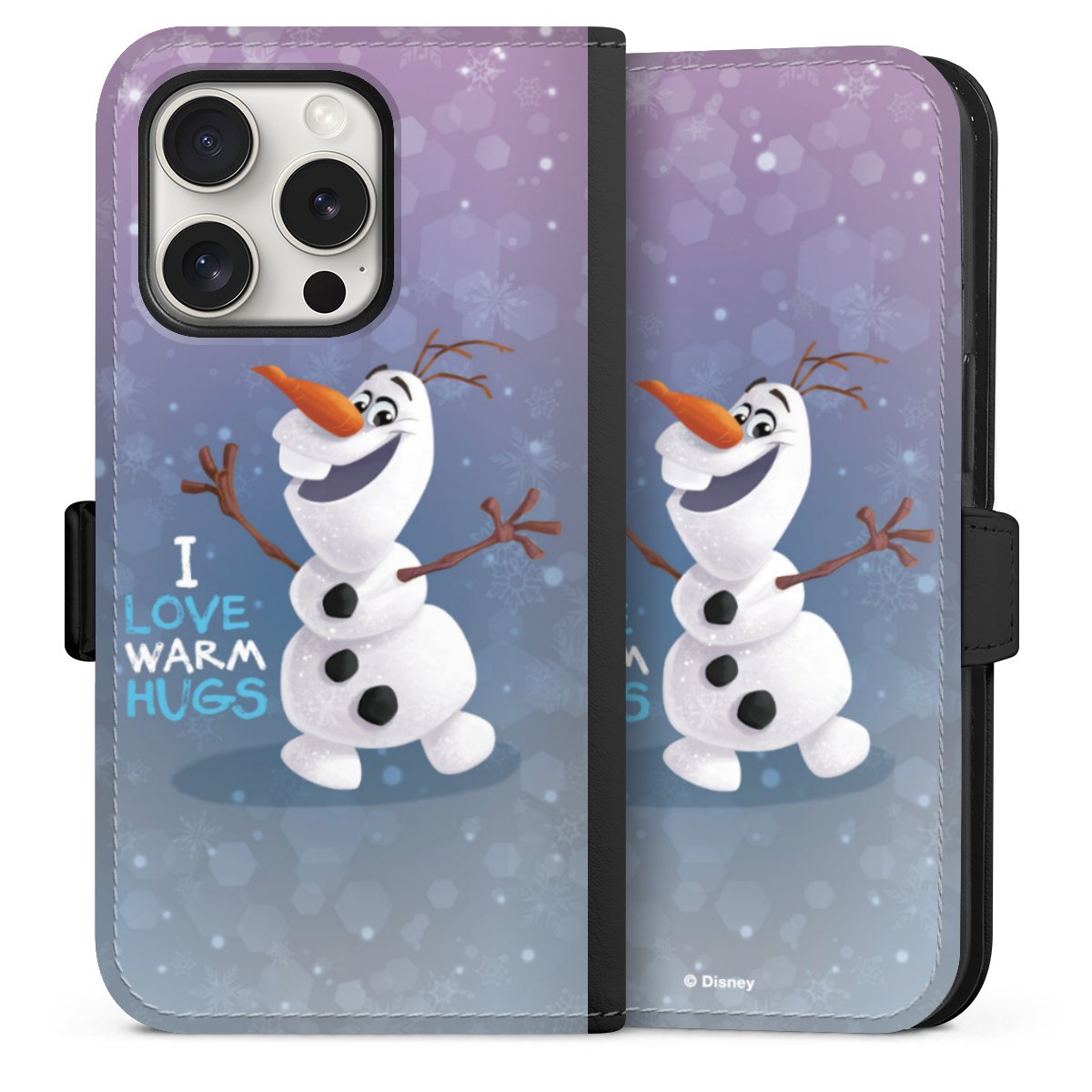 iPhone 15 Pro Handy Klapphülle Handyhülle aus Kunst Leder schwarz Flip Case Frozen Frozen Olaf Official Licensed Product Sideflip mit Lasche