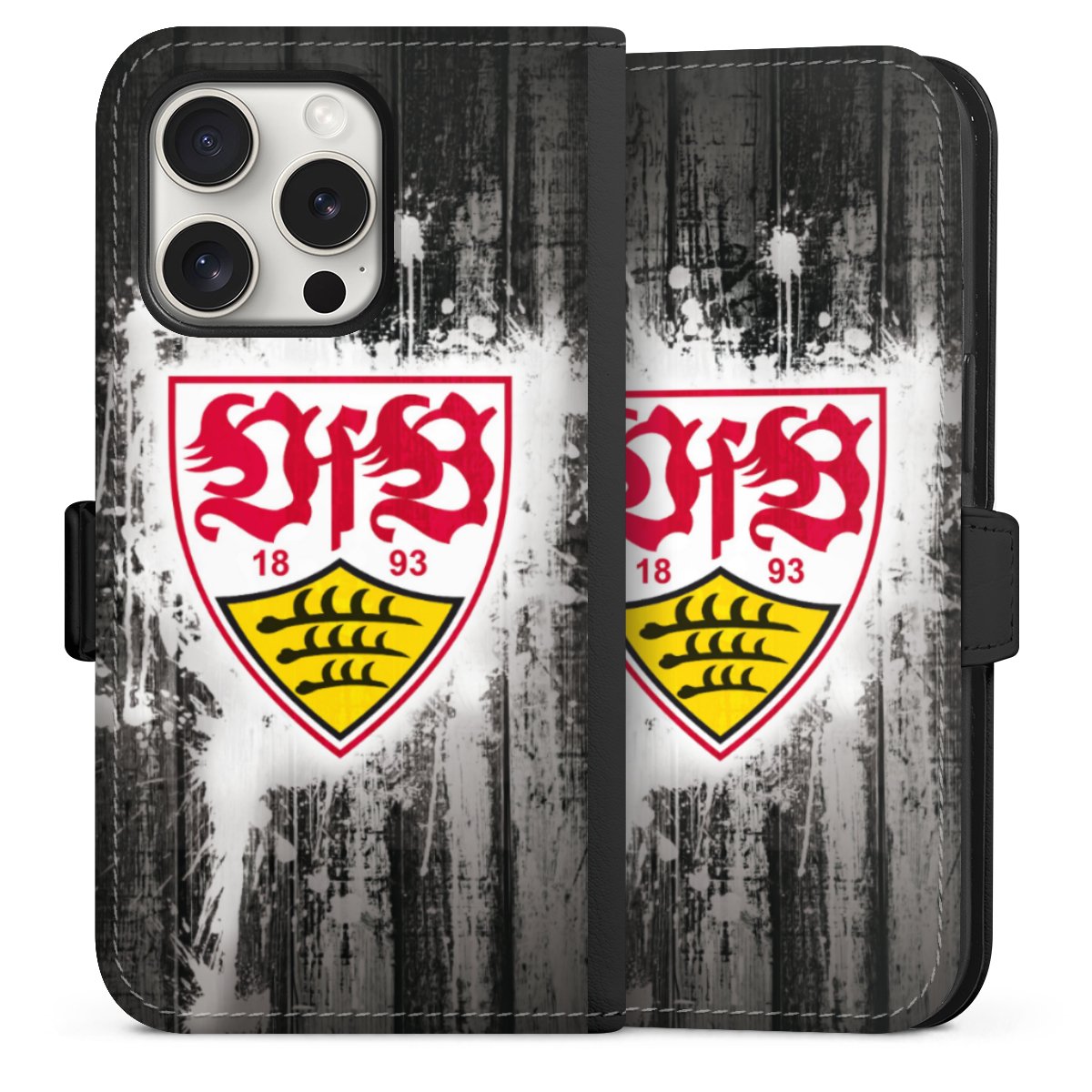 iPhone 15 Pro Handy Klapphülle Handyhülle aus Kunst Leder schwarz Flip Case Vfb Stuttgart Official Licensed Product Sideflip mit Lasche