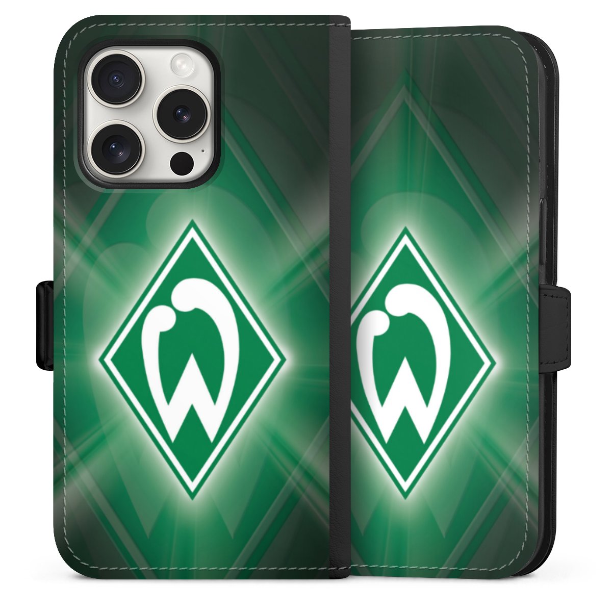 iPhone 15 Pro Handy Klapphülle Handyhülle aus Kunst Leder schwarz Flip Case Sv Werder Bremen Official Licensed Product Coat Of Arms Sideflip mit Lasche