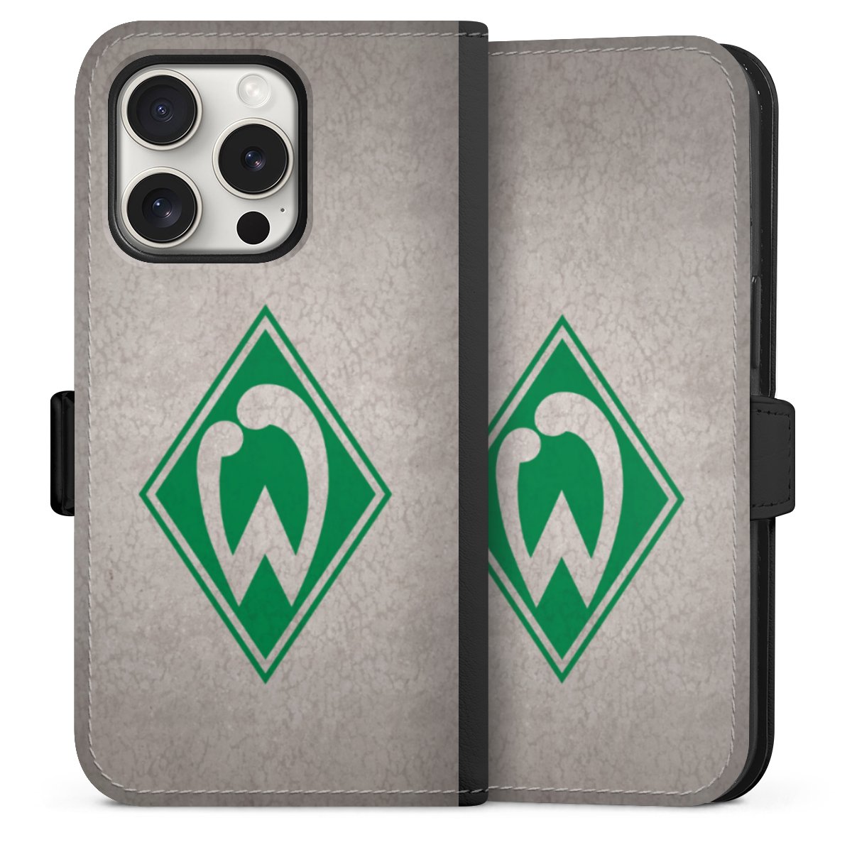 iPhone 15 Pro Handy Klapphülle Handyhülle aus Kunst Leder schwarz Flip Case Sv Werder Bremen Concrete Official Licensed Product Sideflip mit Lasche